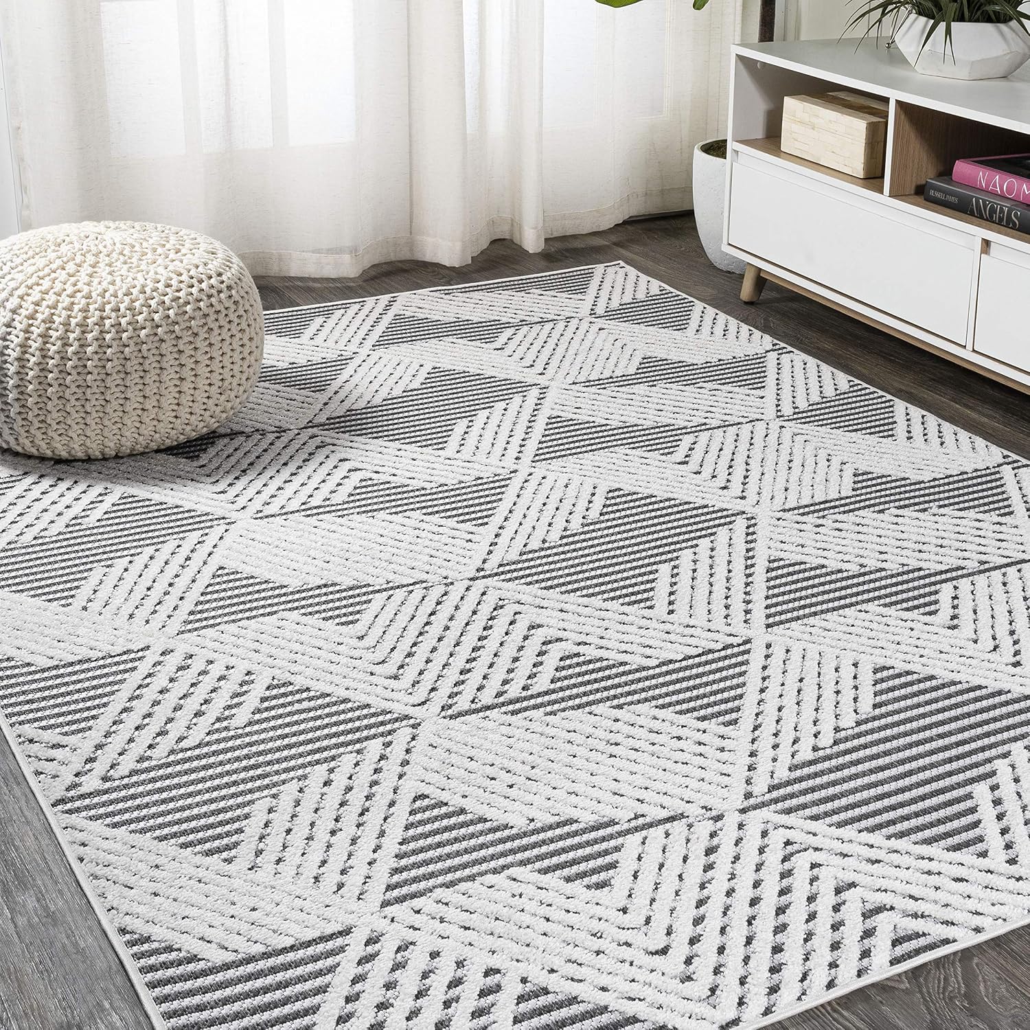 JONATHAN Y Art Deco Geometric Indoor Outdoor Area Rug 3X5 Black/Ivory, Jazz High-Low Pile for Backyard, Patio, Porch, Easy-Cleaning, High Traffic