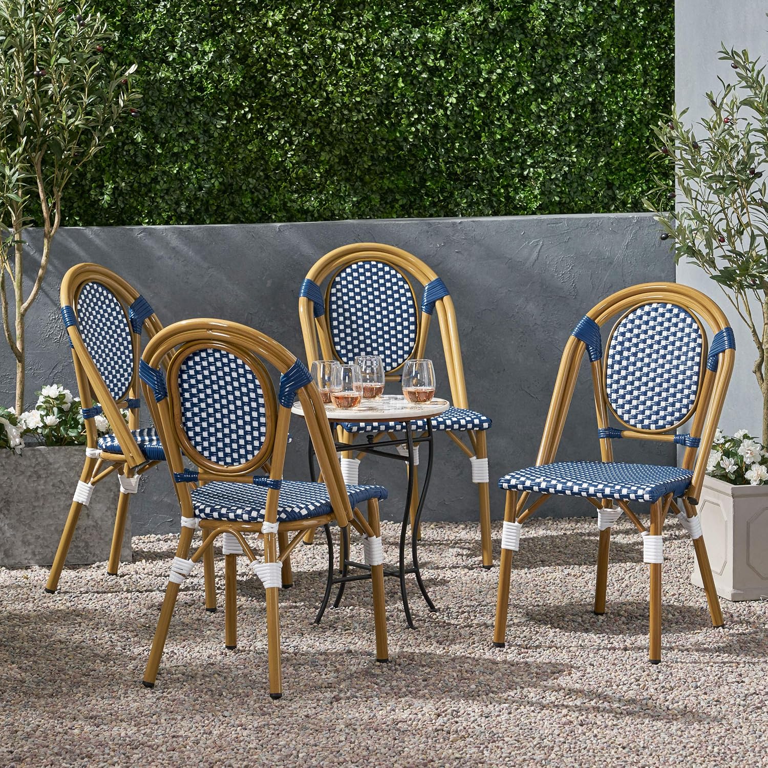Christopher Knight Home Gwendolyn Outdoor French Bistro Chairs (Set of 4), Black + White + Bamboo Print Finish
