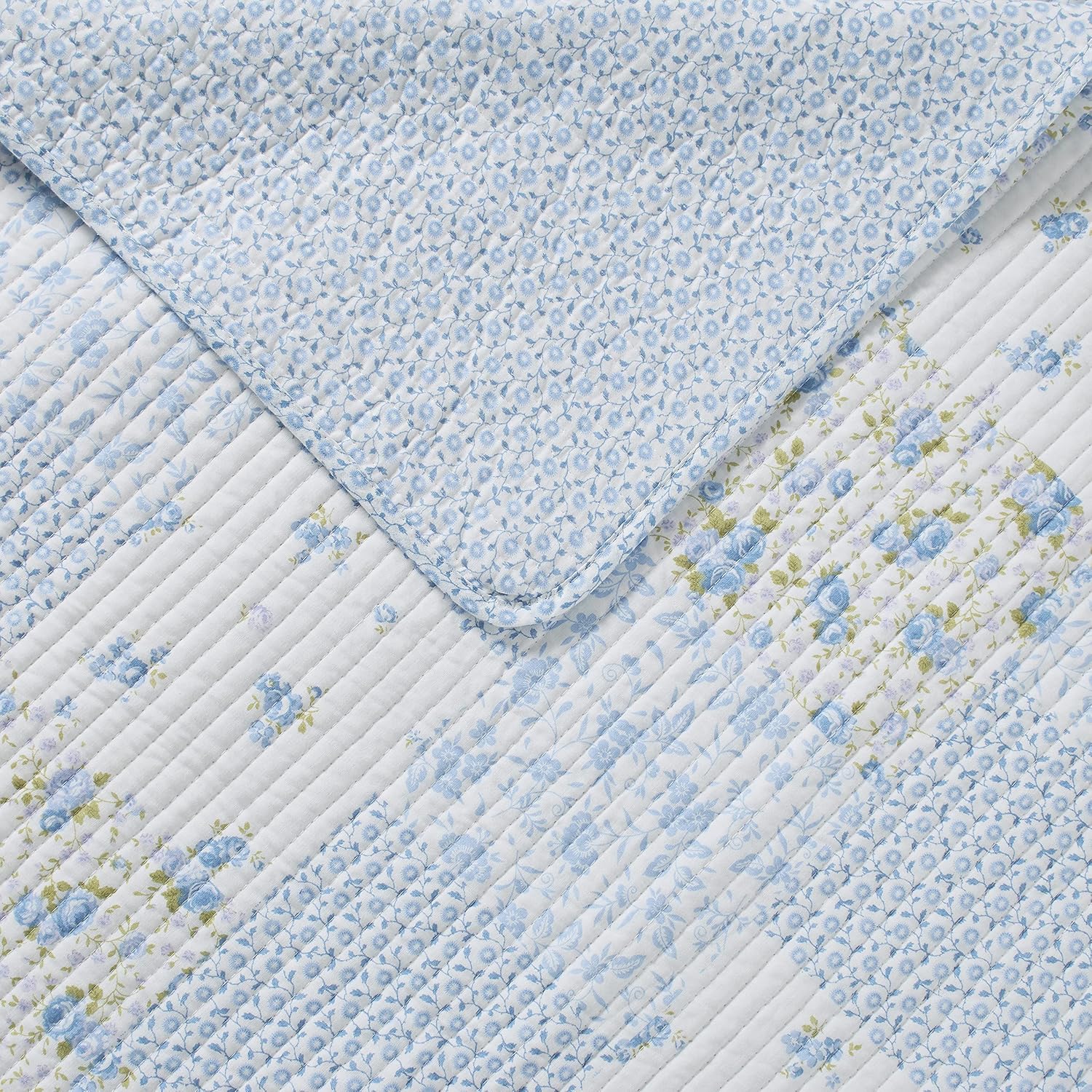 Laura Ashley - Queen Quilt Set, Cotton Reversible Bedding with Matching Shams, Bedroom Decor Ideal for All Seasons (Kenna Blue, Queen)