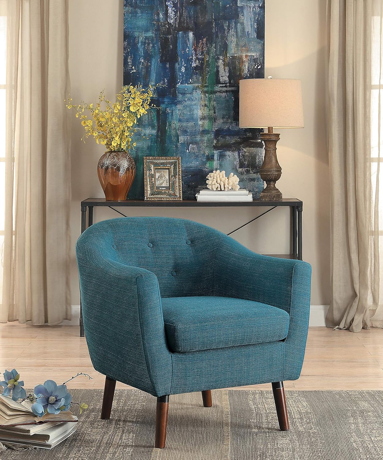 Homelegance Lucille Modern Accent Chair, Upholstered Reading Chair with Button-Tufted Back, Sloped Arms, Removable Seat Cushion Cover and Espresso Wood Legs, for Living Room, Bedroom or Office, Blue