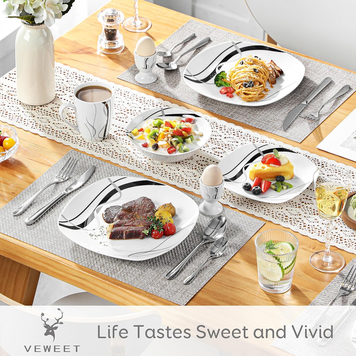 VEWEET 30 PCS Ceramic Dinnerware Sets for 6, Pink Floral Dish Set, ANNIE | Porcelain Dinner Set Including Dessert Plates, Soup Plates, Dinner Plates, Cups & Saucers, Microwave & Dishwasher Safe