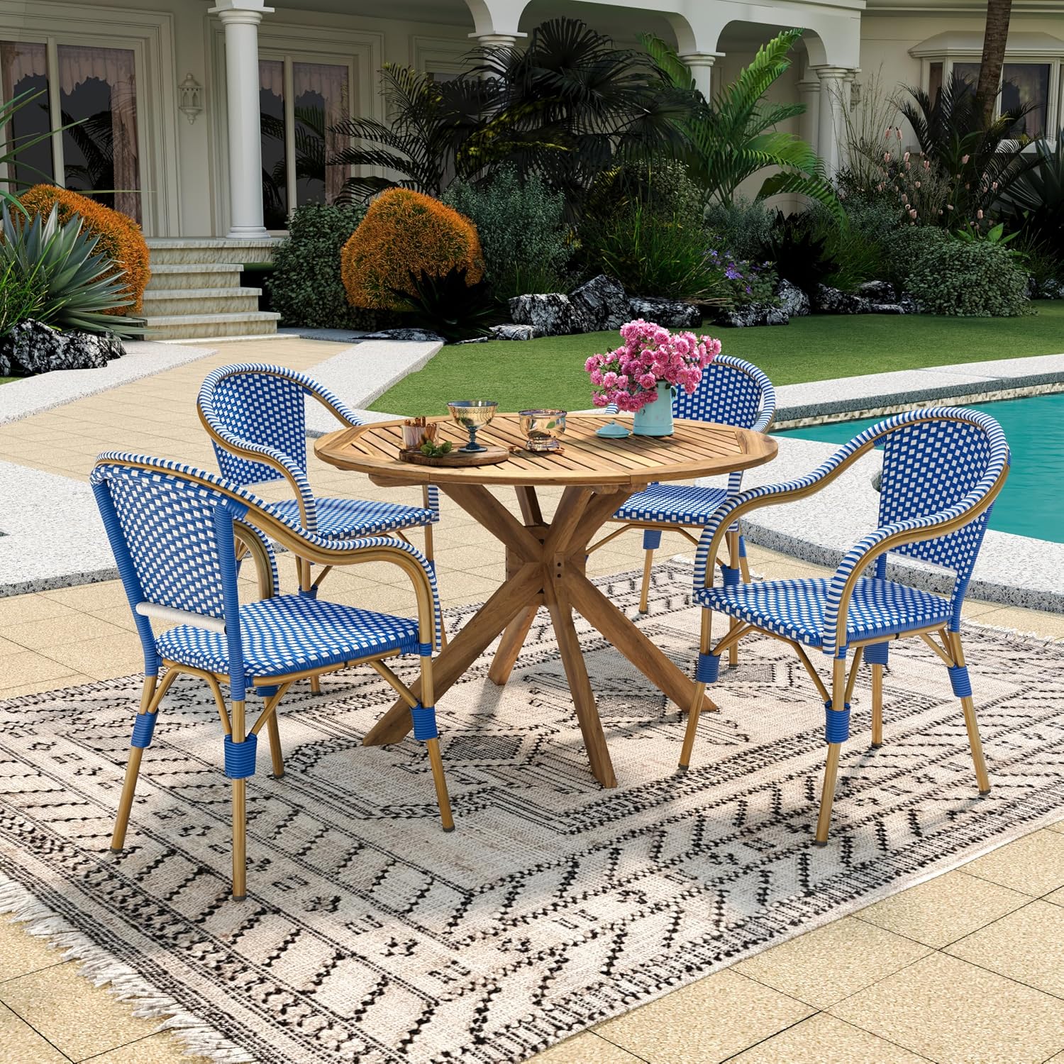 Christopher Knight Home Gwendolyn Outdoor French Bistro Chairs (Set of 4), Black + White + Bamboo Print Finish
