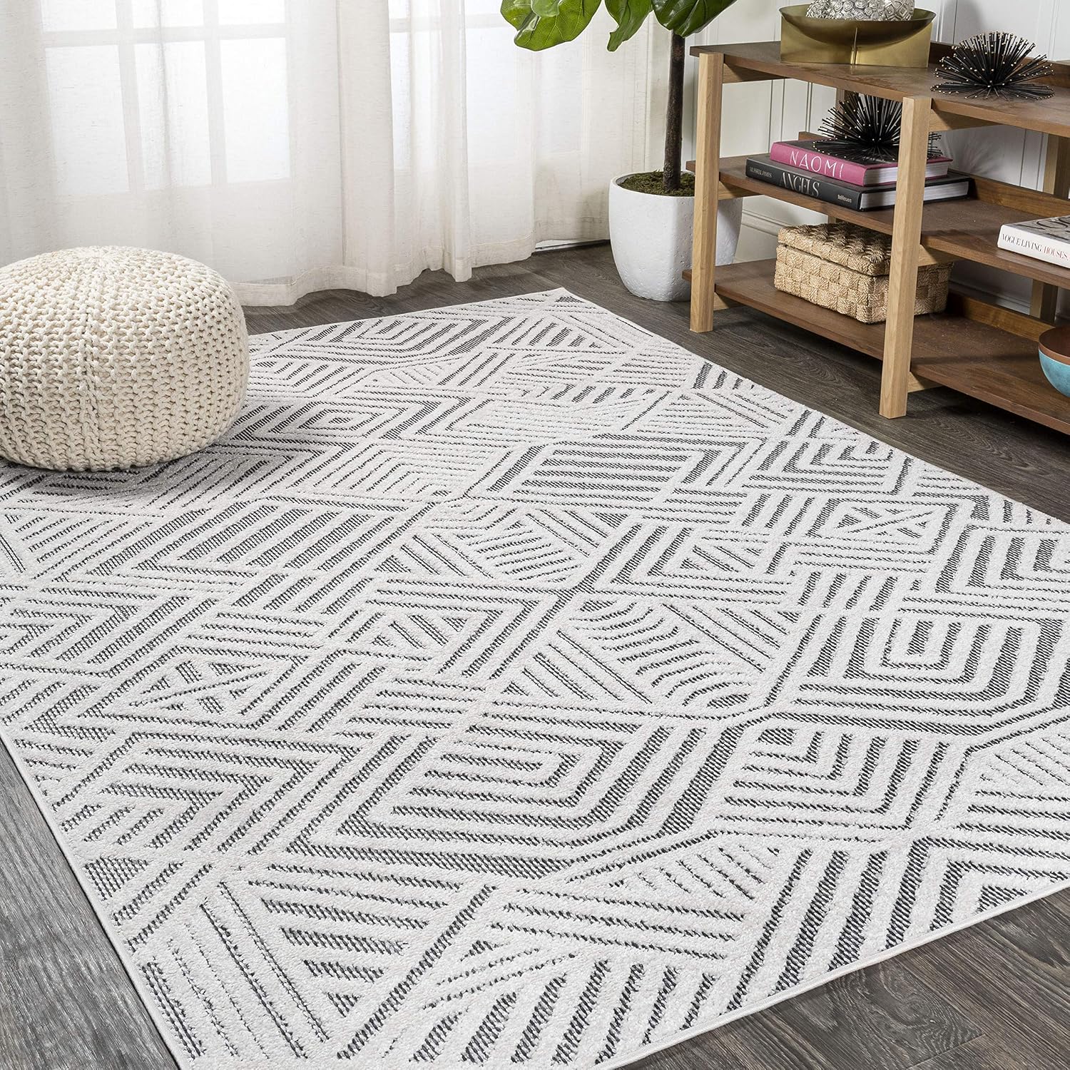 JONATHAN Y Art Deco Geometric Indoor Outdoor Area Rug 3X5 White/Black, Jordan High-Low Pile for Backyard, Patio, Porch, Easy-Cleaning, High Traffic