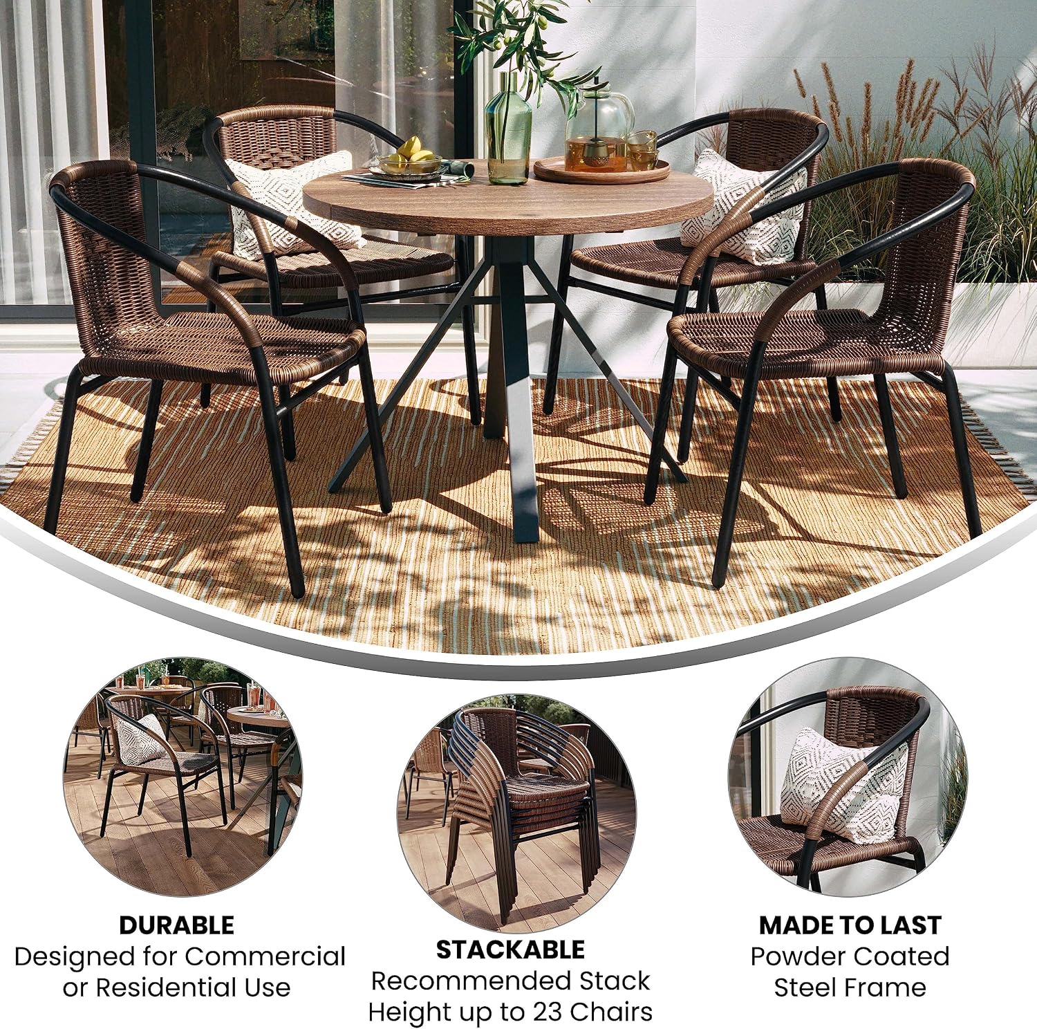 Flash Furniture Lila Modern Rattan Indoor/Outdoor Stackable Dining Chairs, Stacking Rattan Bistro Chairs for Patio or Restaurant, Set of 4, Brown | Commercial Grade, Indoor/Outdoor Use