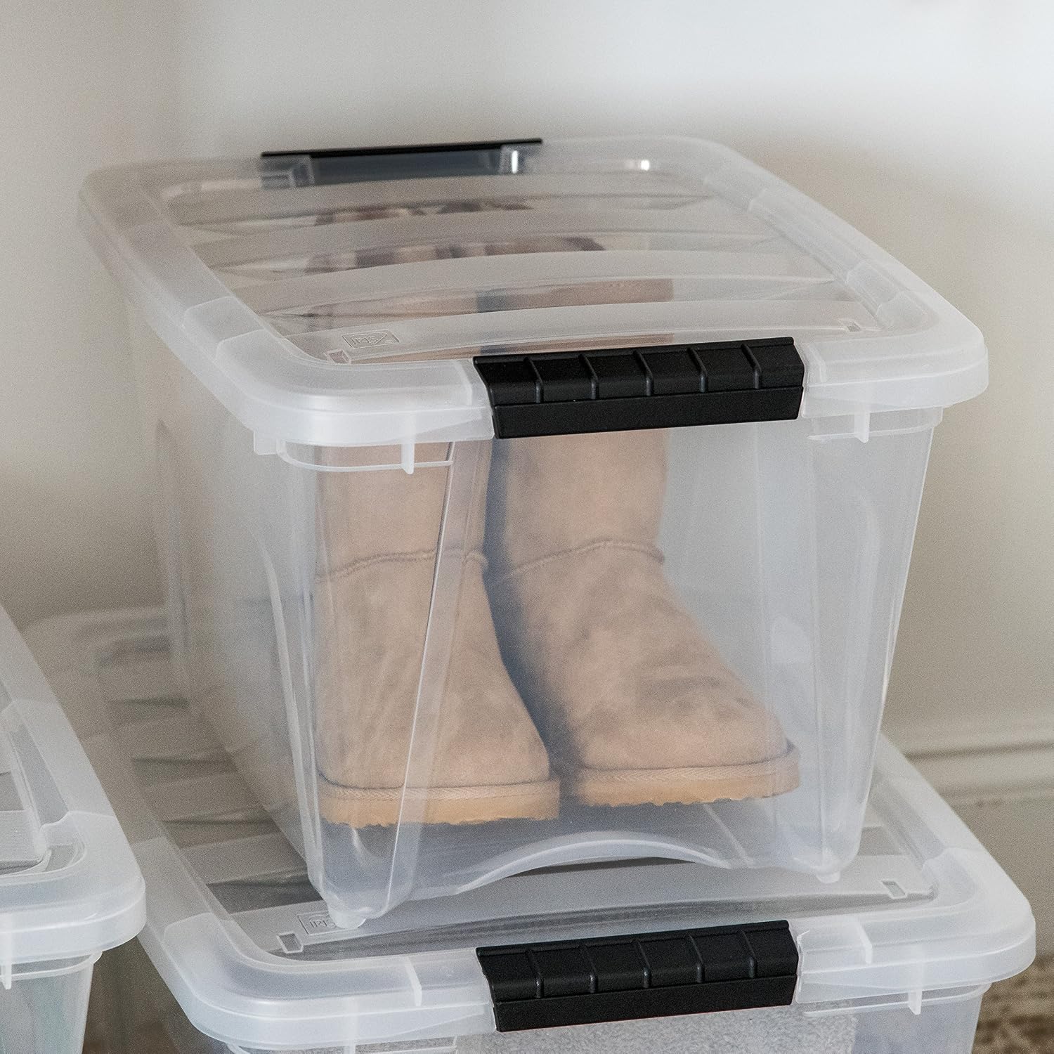IRIS USA 6-Pack 54 Quart Storage Bins with Lids, Clear | Transparent design makes contents easy to find. Perfect for moving, blankets, clothing, and garage storage. Nestable design