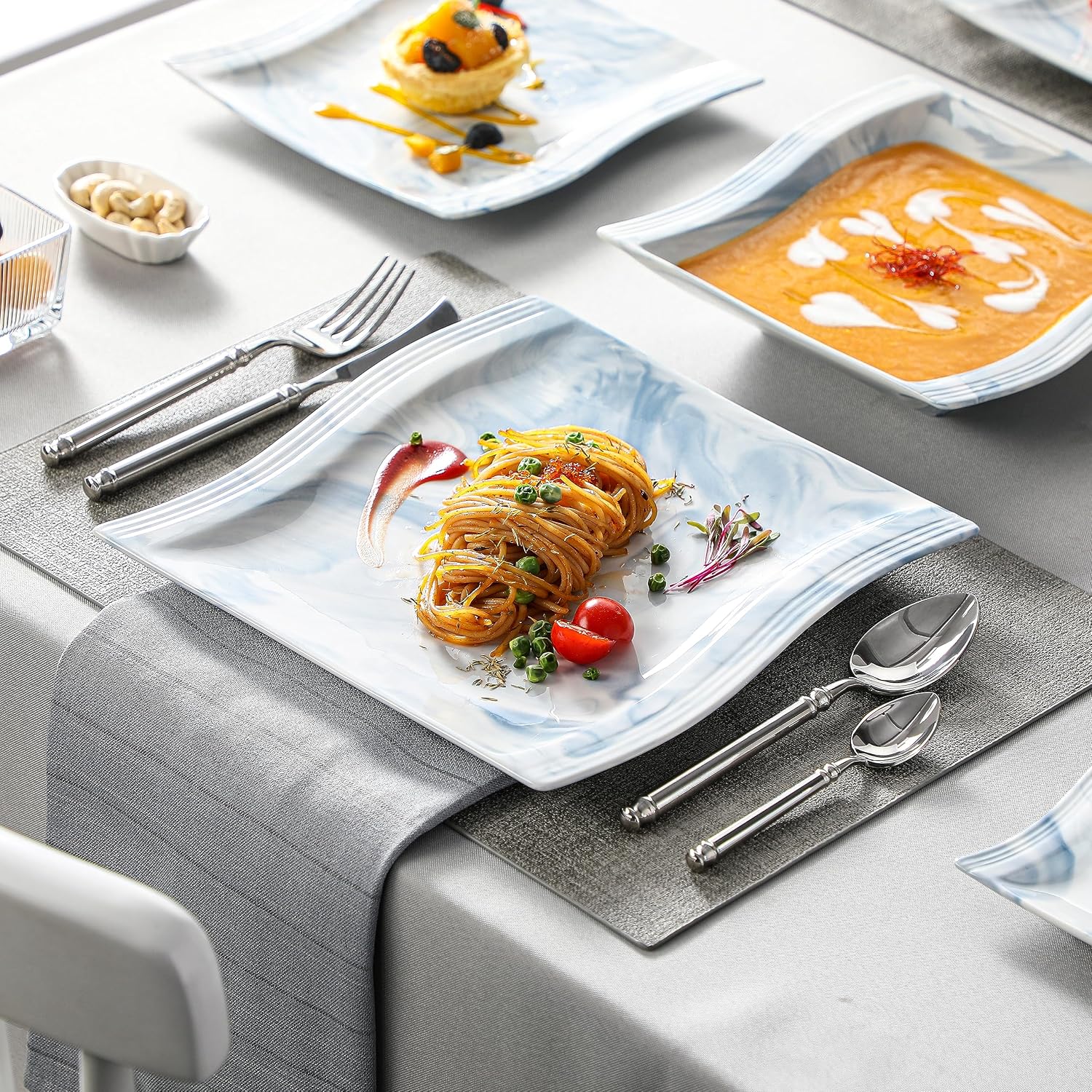 MALACASA Plates and Bowls Sets, 26 Pieces Ivory White Porcelain Dinnerware Sets without Mugs, Square Dinnerware with Dinner Plates, Bowls and Serving Platters, Modern Dish Set for 6, Series Flora