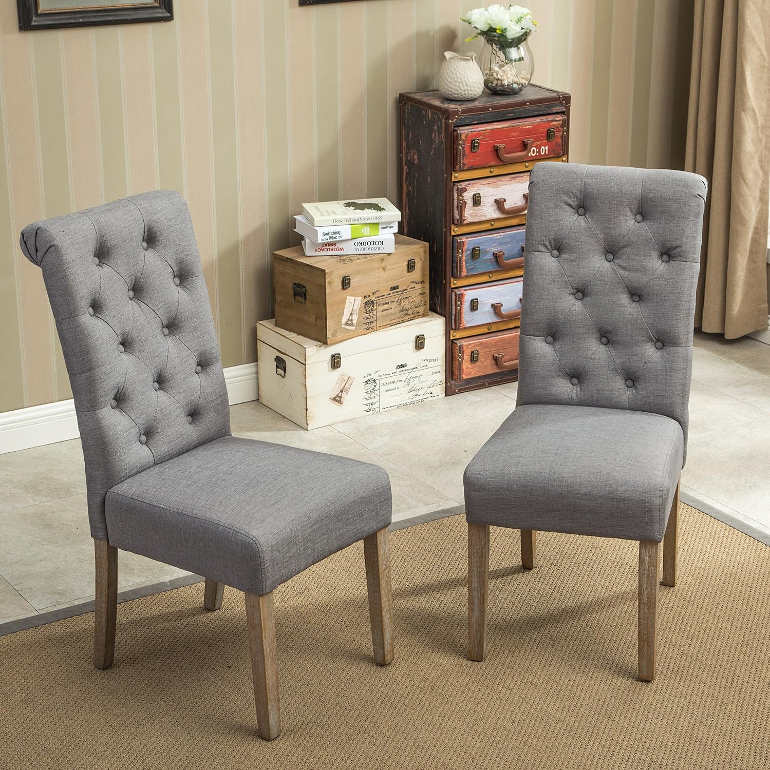 Roundhill Furniture Habit Solid Wood Tufted Parsons Dining Chair (Set of 2), Tan