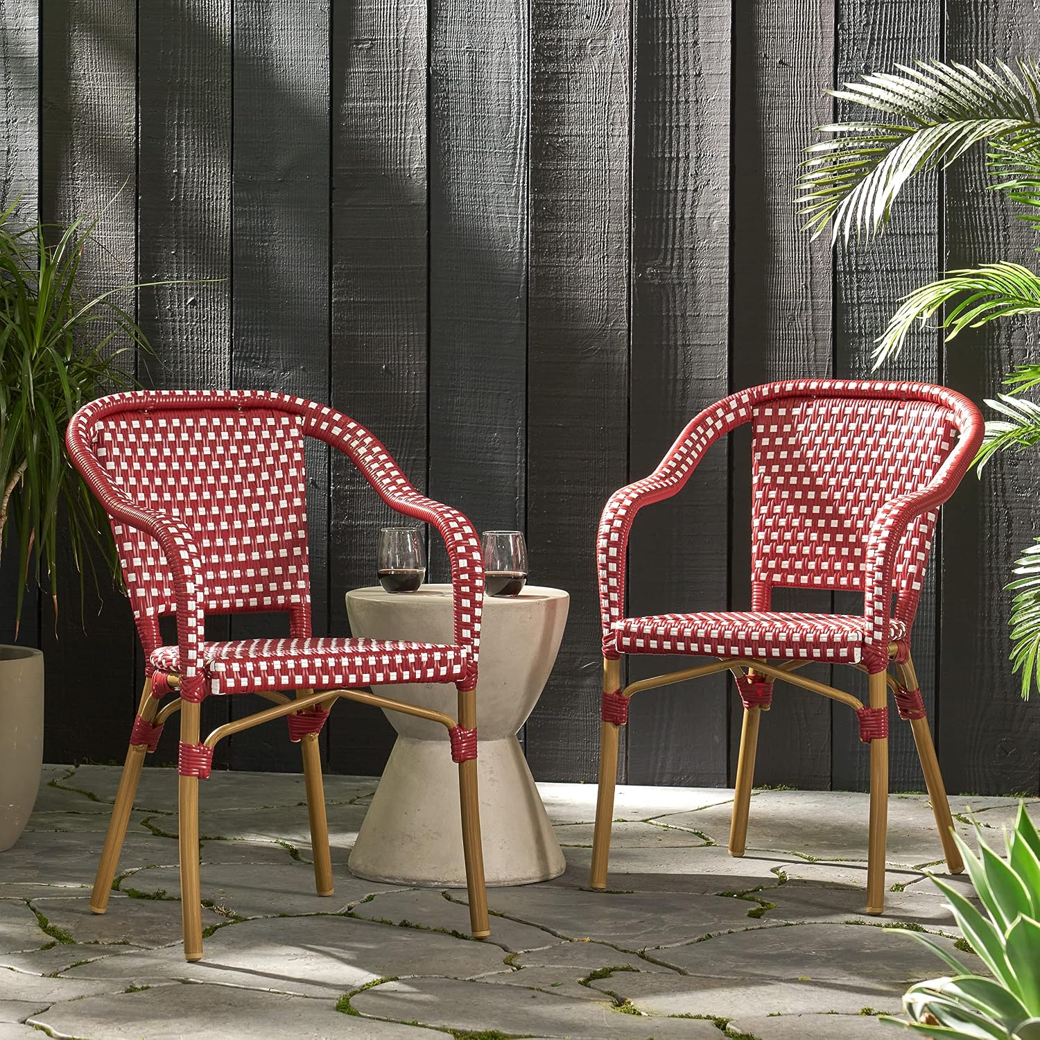 Christopher Knight Home Anastasia Outdoor French Bistro Chair (Set of 2), Black + White + Bamboo Print Finish
