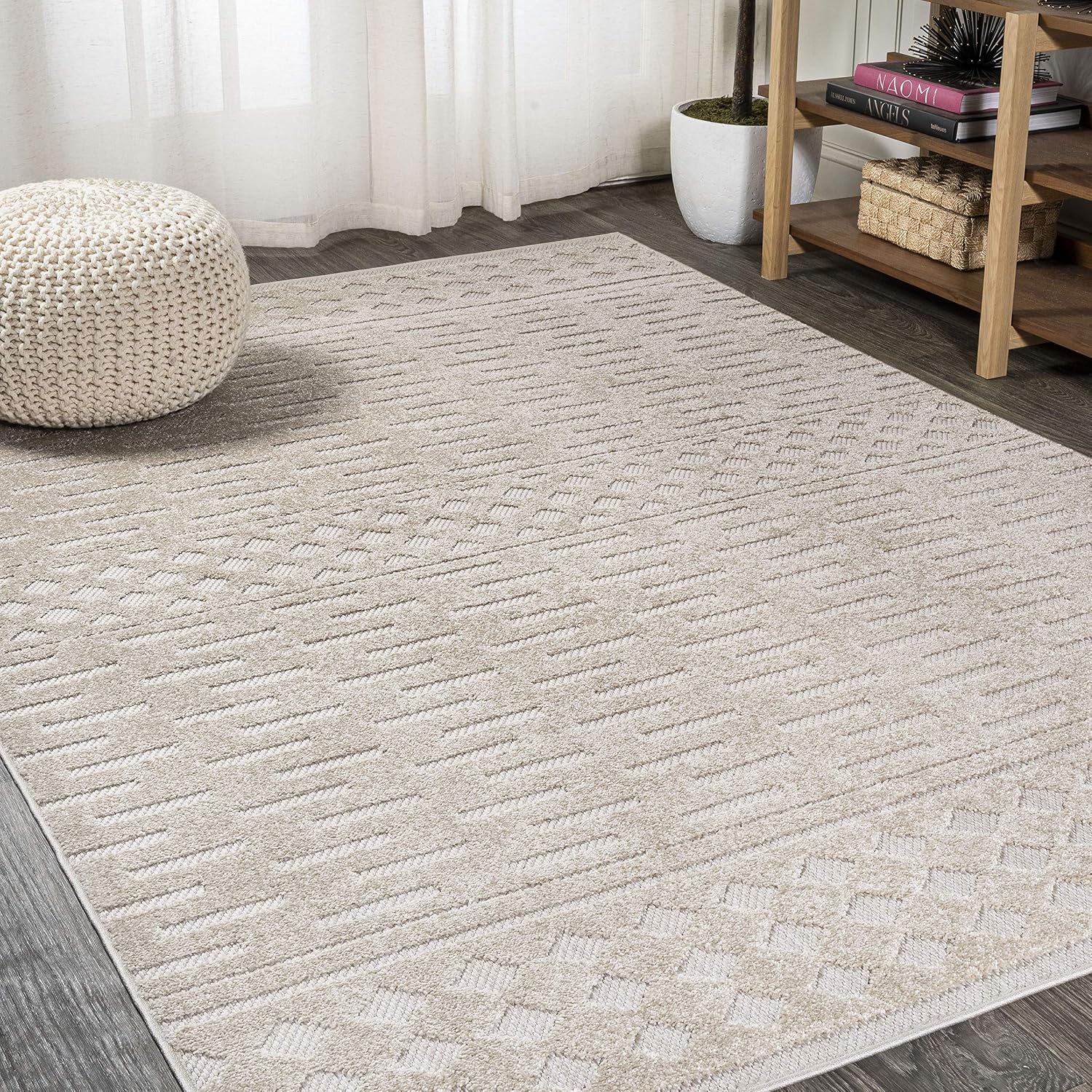 JONATHAN Y Moroccan Geometric Indoor Outdoor Area Rug 3X5 Beige, Xlendi High-Low Pile for Backyard, Patio, Porch, Easy-Cleaning, High Traffic