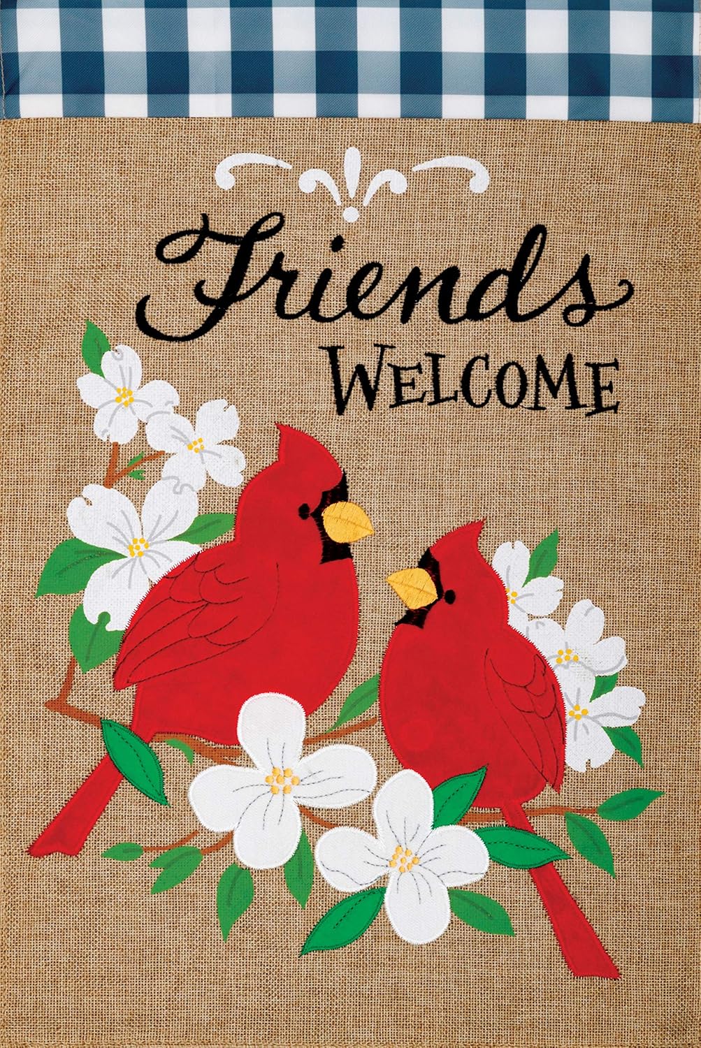 Custom Decor Cardinal Friends Welcome - Garden Size, Emboidered Burlap Applique Style, Double Sided Decorative Flag - Approx. 12 Inch X 17.98 Inch