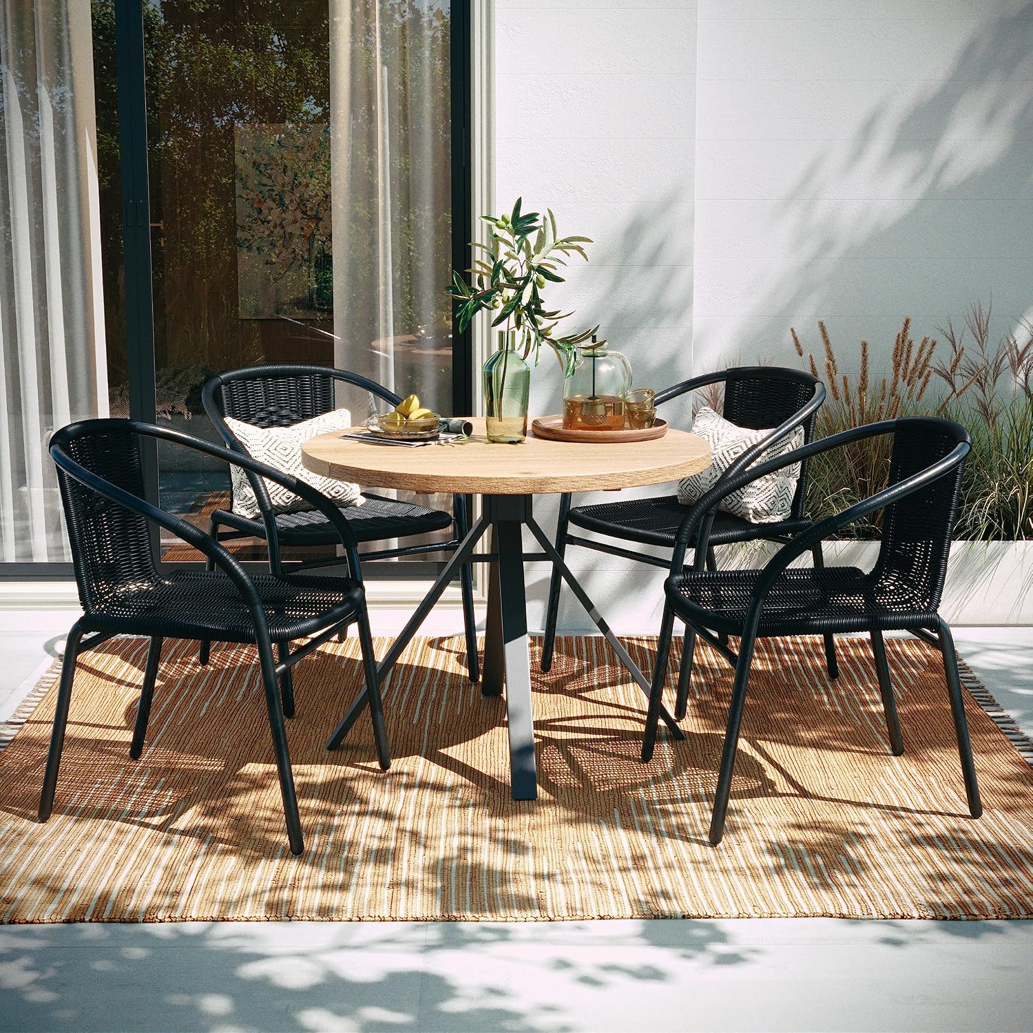 Flash Furniture Lila Modern Rattan Indoor/Outdoor Stackable Dining Chairs, Stacking Rattan Bistro Chairs for Patio or Restaurant, Set of 4, Brown | Commercial Grade, Indoor/Outdoor Use