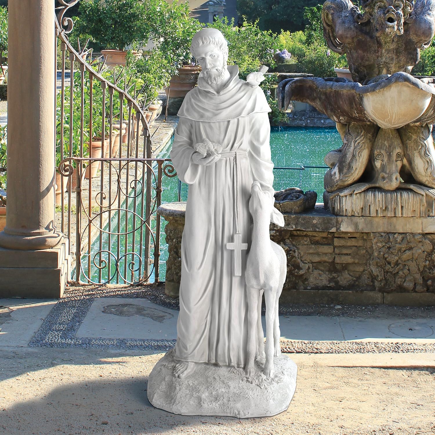 Design Toscano Francis of Assisi Blessing Religious Garden Decor Statue with Bird Bath Feeder, 19 inches Tall, Cast Stone Resin, Gray Stone Finish