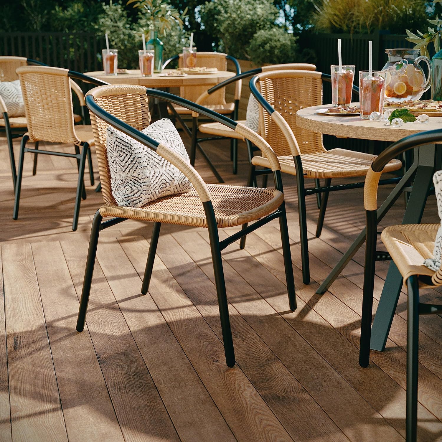 Flash Furniture Lila Modern Rattan Indoor/Outdoor Stackable Dining Chairs, Stacking Rattan Bistro Chairs for Patio or Restaurant, Set of 4, Brown | Commercial Grade, Indoor/Outdoor Use