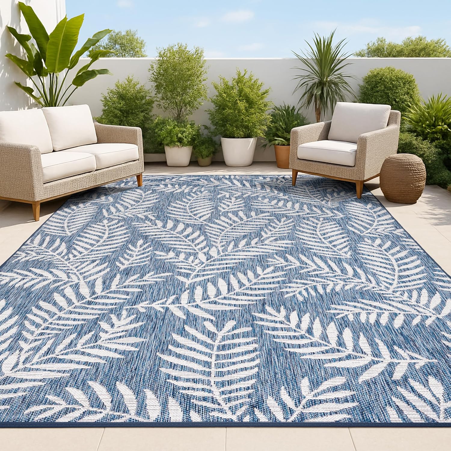 JONATHAN Y Palm Frond Indoor Outdoor Area Rug 3X5 Navy/Ivory, Nevis for Backyard, Patio, Porch, Easy-Cleaning, High Traffic, Pet-Friendly