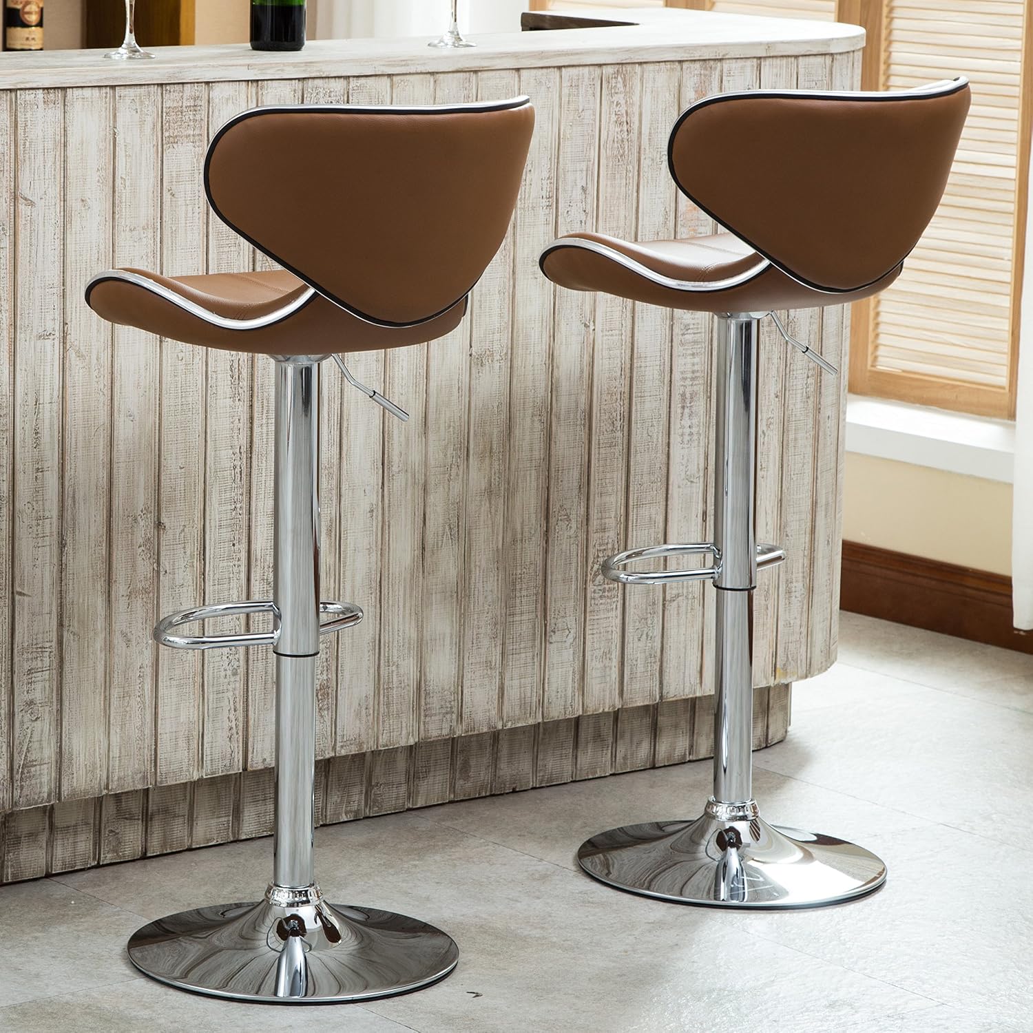 Roundhill Furniture Masaccio Cushioned Leatherette Upholstery Airlift Adjustable Swivel Barstool with Chrome Base, Set of 2, Blue