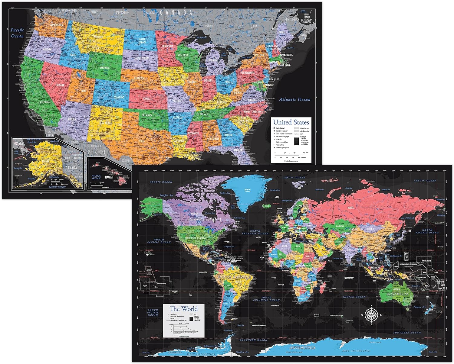 Laminated World Map & US Map Poster Set - 18" x 29" - Wall Chart Maps of the World & United States - Made in the USA - (LAMINATED, 18" x 29")