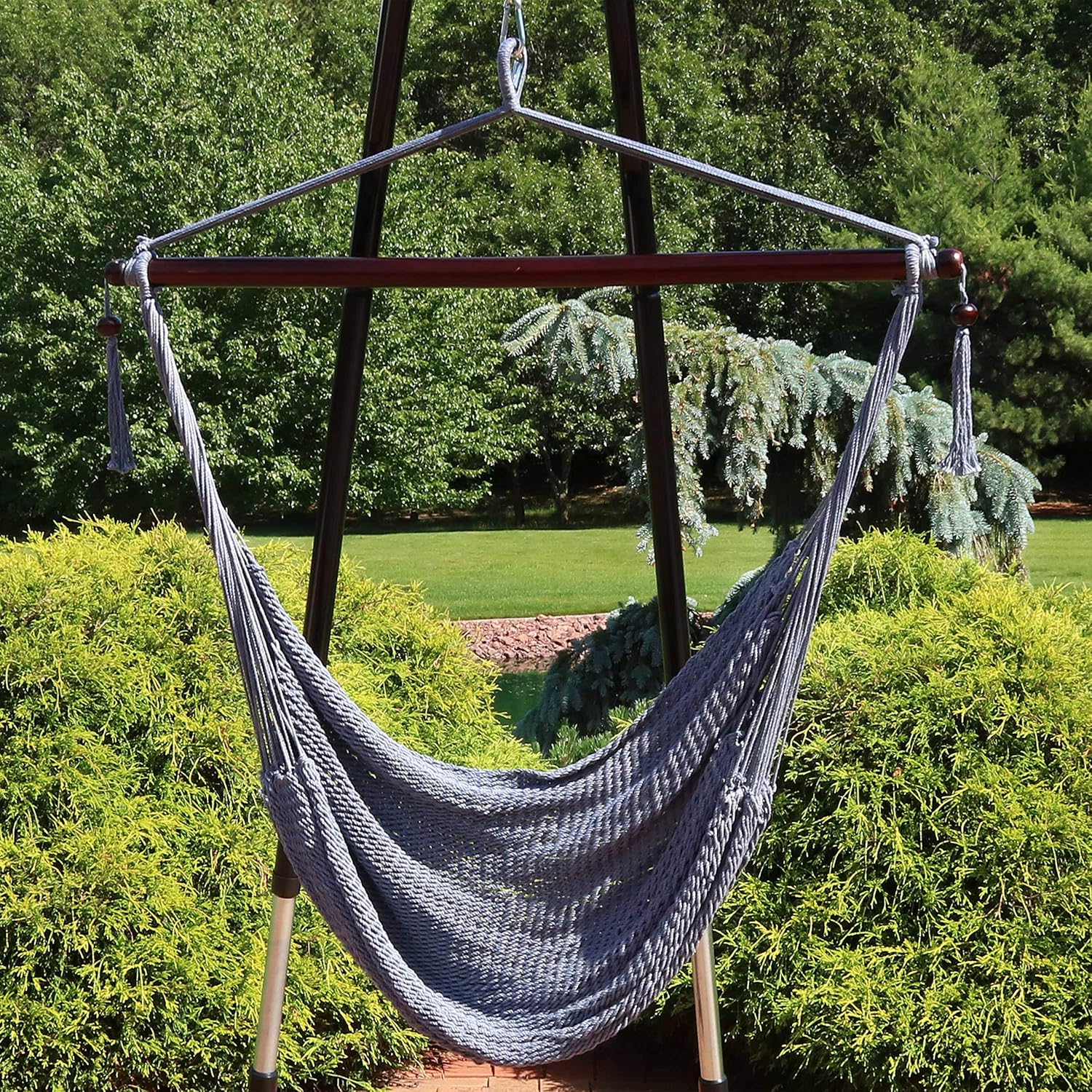 Sunnydaze Hanging Hammock Chair Swing for Patio, Caribbean, Tan | 300 lb Capacity, Wooden Spreader Bar, Woven Polyester, Hang From a Tree, Hammock Chair Stand, or Ceiling, Hammock Swing Chair