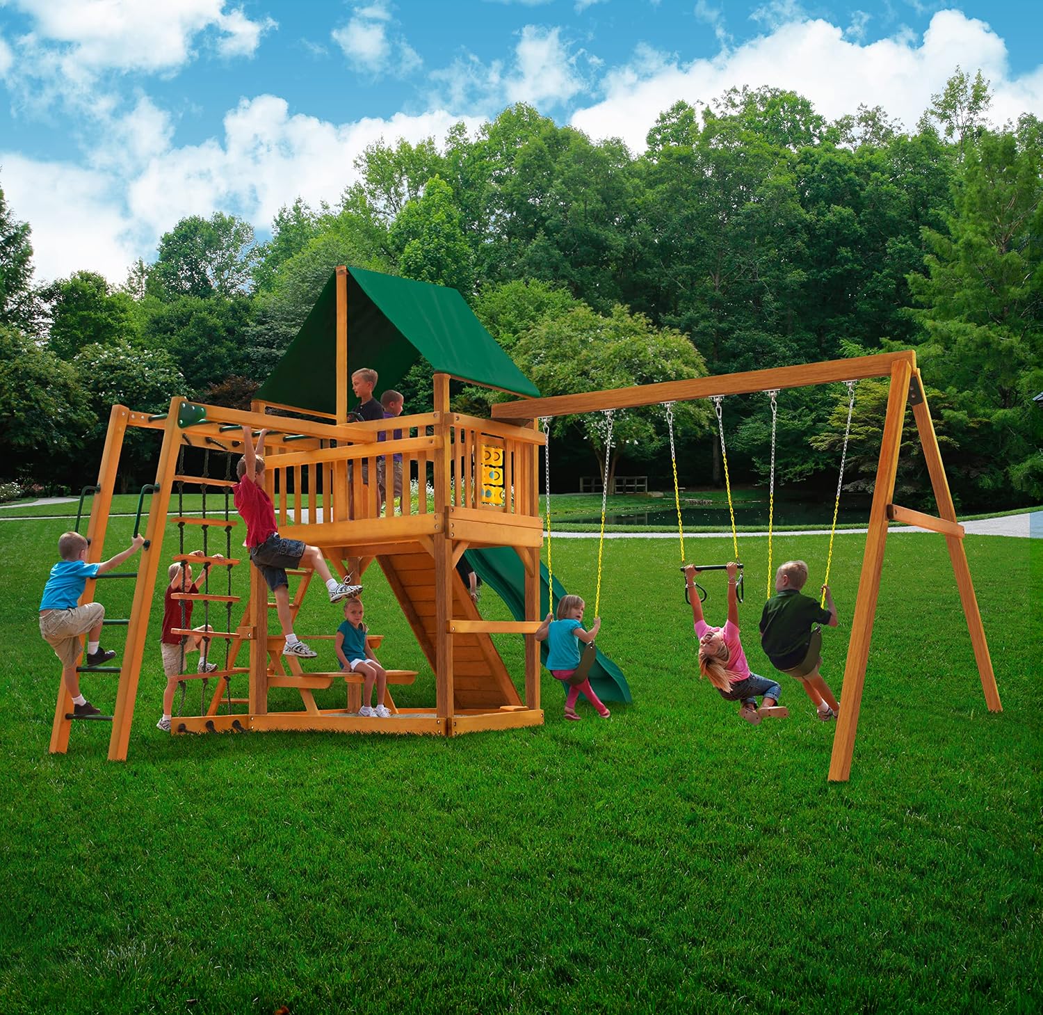 Gorilla Playsets 01-0020-AP-1 Navigator Wooden Swing Set with Deluxe Green Vinyl Canopy, Monkey Bars, Swings, and Slide, Brown
