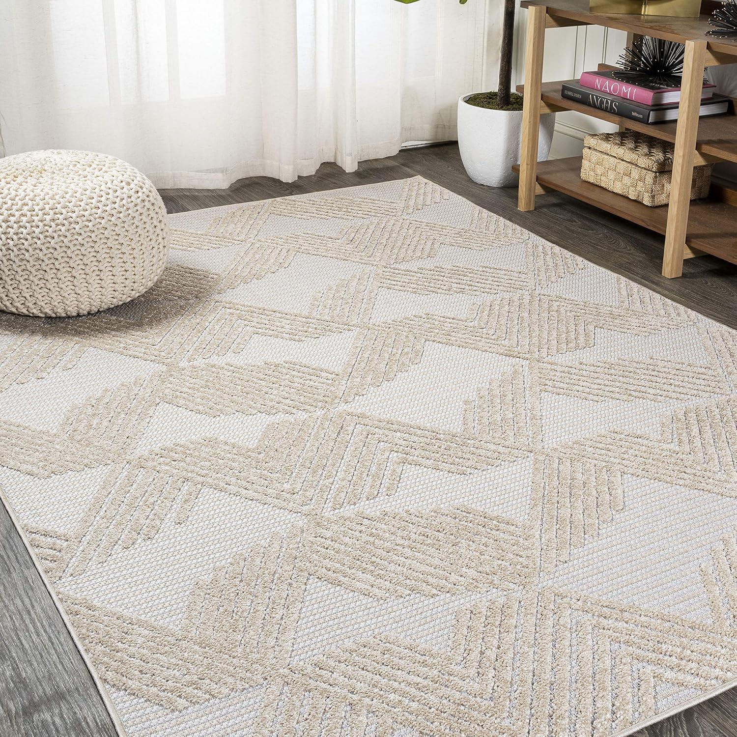 JONATHAN Y Art Deco Geometric Indoor Outdoor Area Rug 3X5 Black/Ivory, Jazz High-Low Pile for Backyard, Patio, Porch, Easy-Cleaning, High Traffic