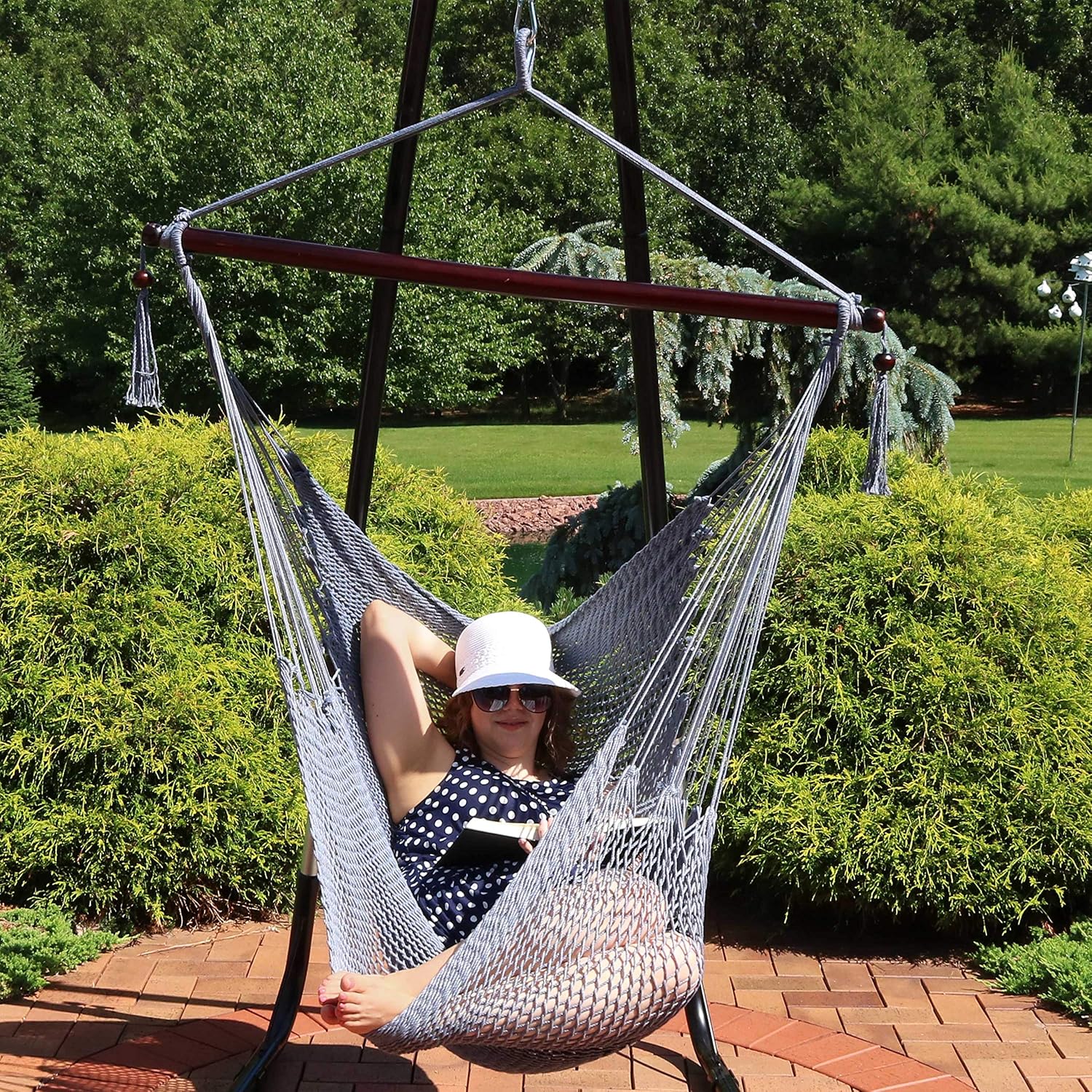 Sunnydaze Hanging Hammock Chair Swing for Patio, Caribbean, Tan | 300 lb Capacity, Wooden Spreader Bar, Woven Polyester, Hang From a Tree, Hammock Chair Stand, or Ceiling, Hammock Swing Chair