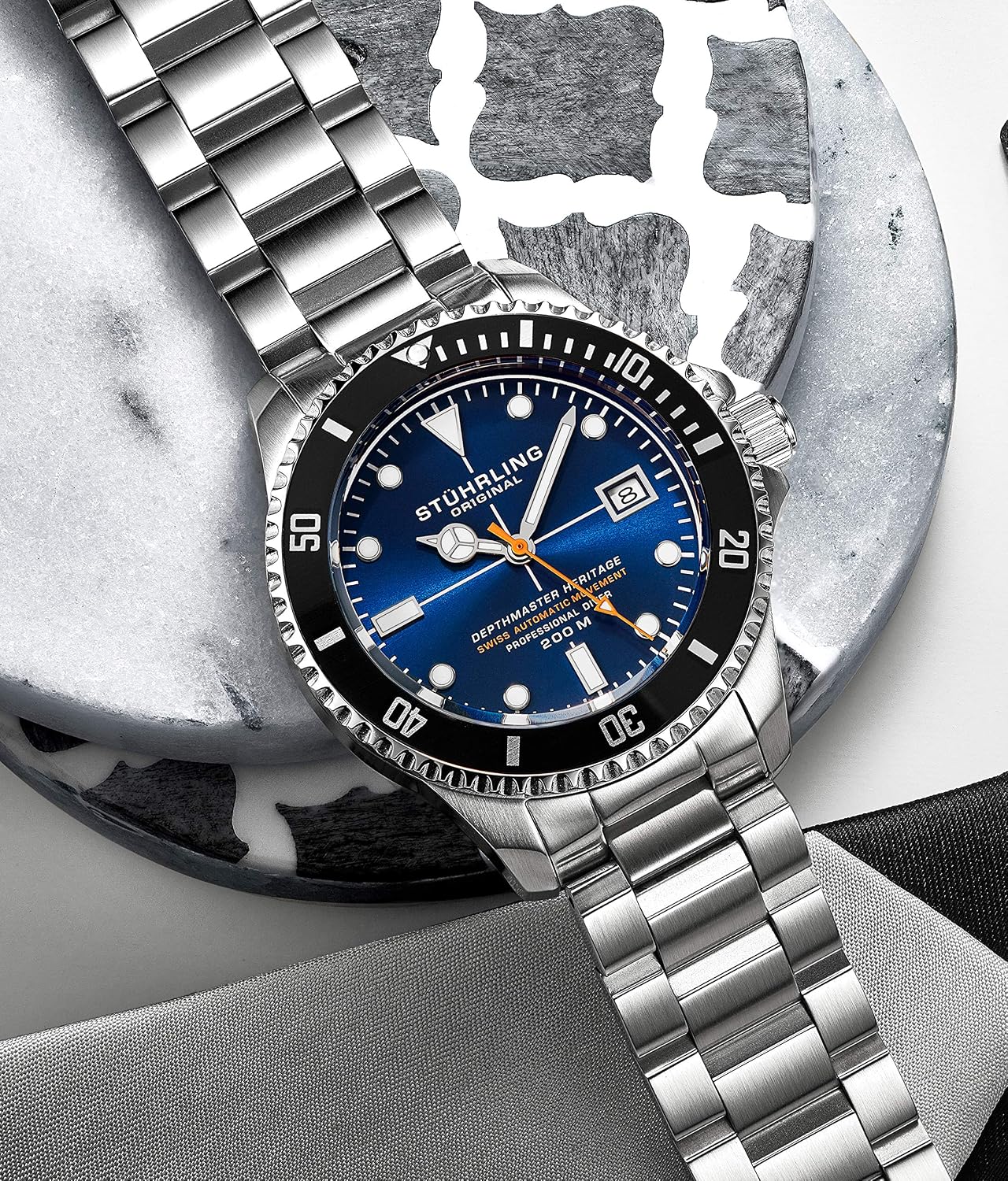 Stuhrling Original Mens Swiss Automatic Stainless Steel Professional DEPTHMASTER Dive Watch, 200 Meters Water Resistant