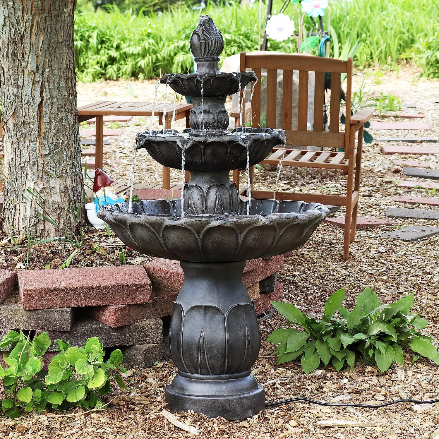 Sunnydaze Classic Tulip 46 in. 3-Tiered Outdoor Water Fountain - Dark Brown | Polystone Construction - 4-Gallon Water Capacity - Includes Electric