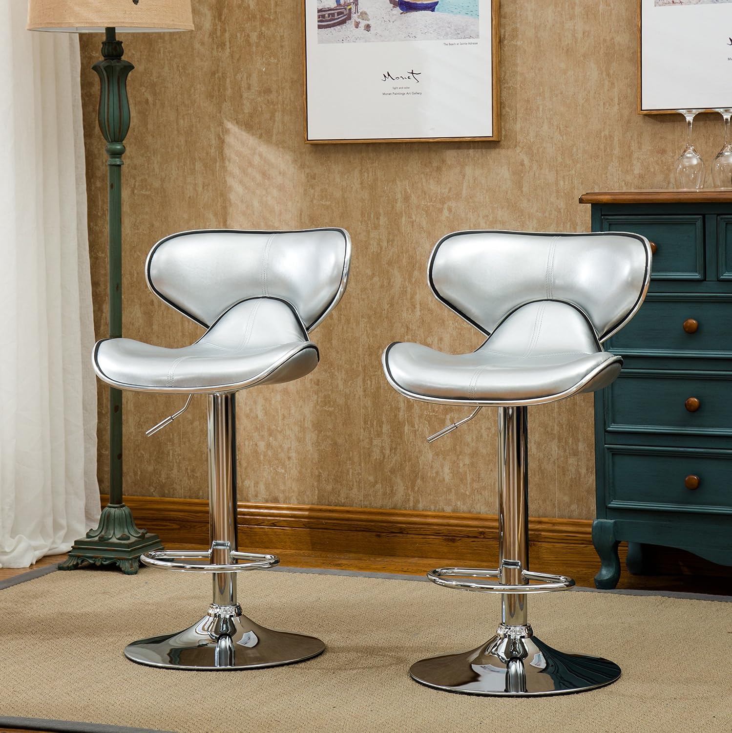 Roundhill Furniture Masaccio Cushioned Leatherette Upholstery Airlift Adjustable Swivel Barstool with Chrome Base, Set of 2, Blue