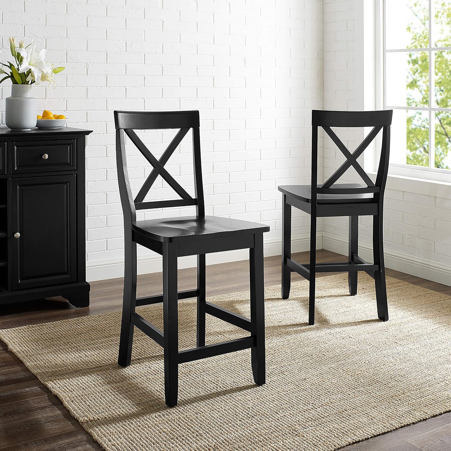 Crosley Furniture X-Back Wood Bar Stools Set of 2, Black, 30-inch