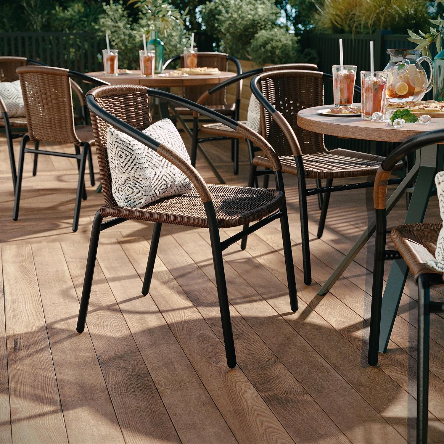 Flash Furniture Lila Modern Rattan Indoor/Outdoor Stackable Dining Chairs, Stacking Rattan Bistro Chairs for Patio or Restaurant, Set of 4, Brown | Commercial Grade, Indoor/Outdoor Use
