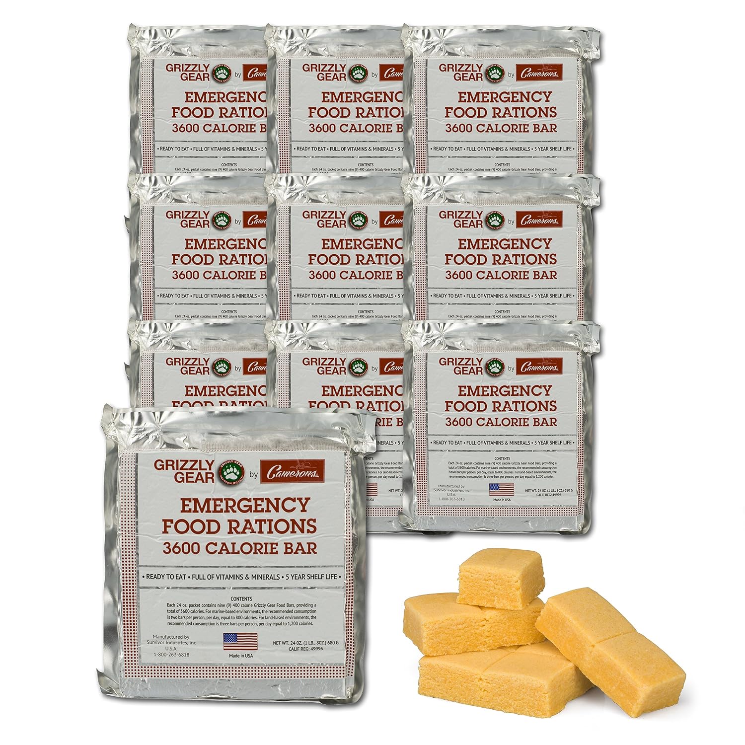 Grizzly Gear Emergency Food Rations- 3600 Calorie Bar (Vanilla Poundcake) - 3 Day, 72 Hour Ready To Eat Supply For Disaster, Hurricane, Flood Preparedness - Non Thirst Provoking - 5 Year Shelf Life