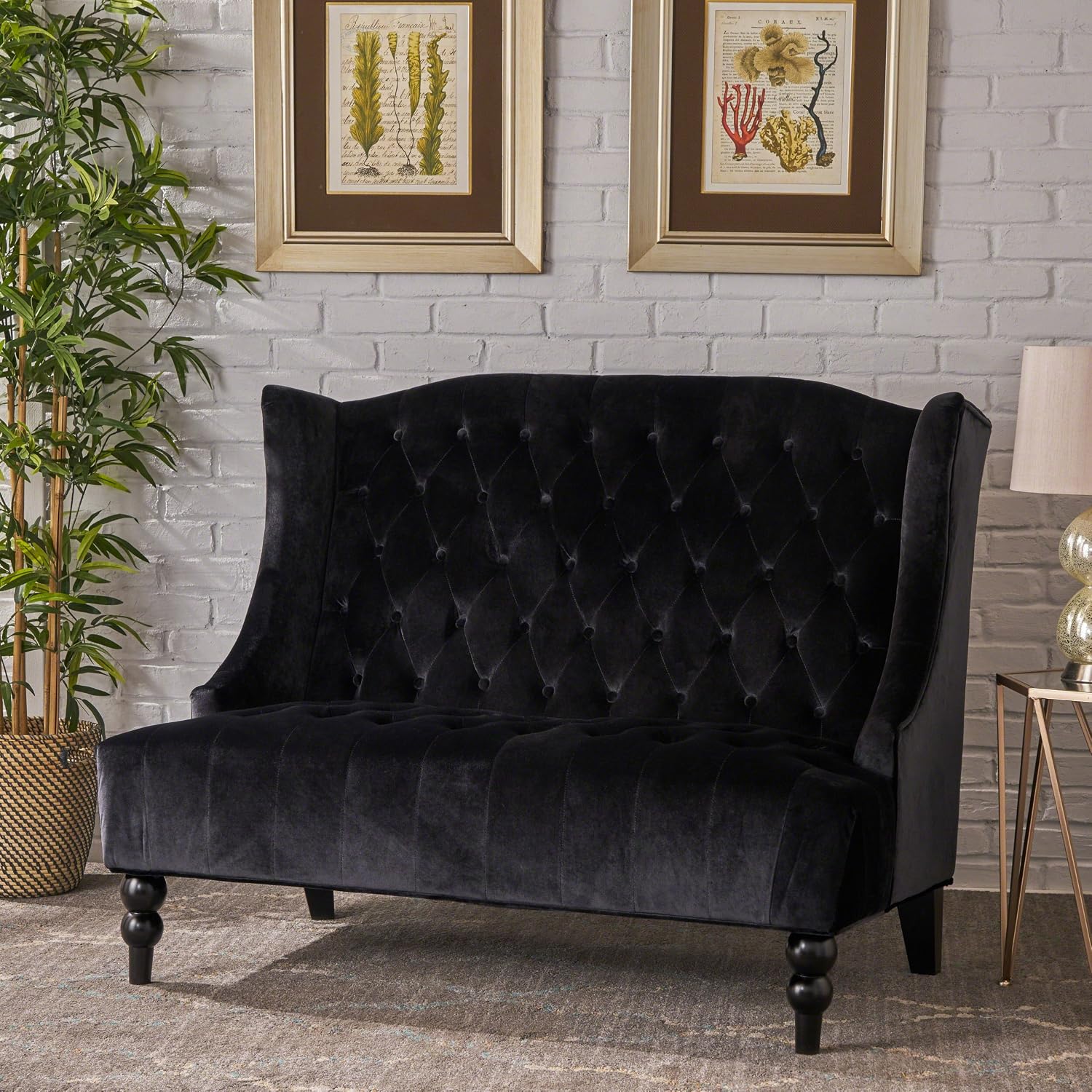 Christopher Knight Home Leora Modern Glam Tufted Velvet Wingback Loveseat, Black / Dark Brown