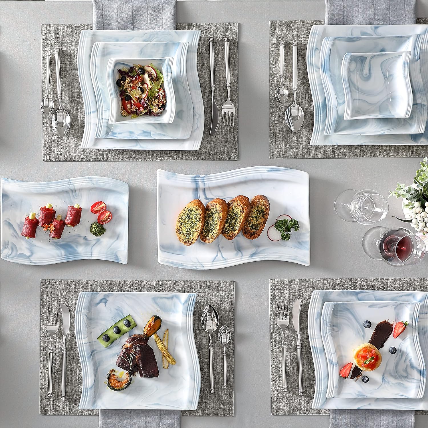 MALACASA Plates and Bowls Sets, 26 Pieces Ivory White Porcelain Dinnerware Sets without Mugs, Square Dinnerware with Dinner Plates, Bowls and Serving Platters, Modern Dish Set for 6, Series Flora