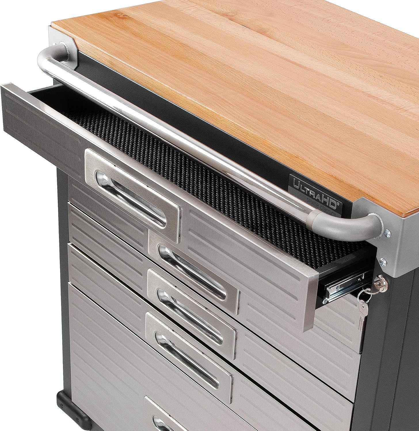 Seville Classics UltraHD Heavy Duty Rolling Cabinet Workbench Table w/Solid Wood Top, Workstation for Garage, Office, Workshop, Granite, 6-Drawer (28" W x 18" D