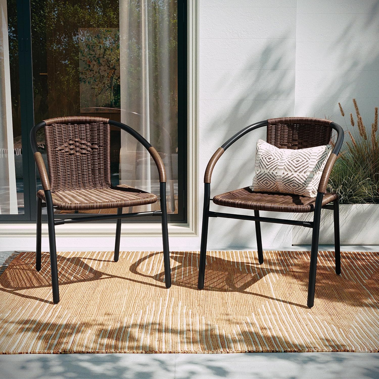 Flash Furniture Lila Modern Rattan Indoor/Outdoor Stackable Dining Chairs, Stacking Rattan Bistro Chairs for Patio or Restaurant, Set of 4, Brown | Commercial Grade, Indoor/Outdoor Use