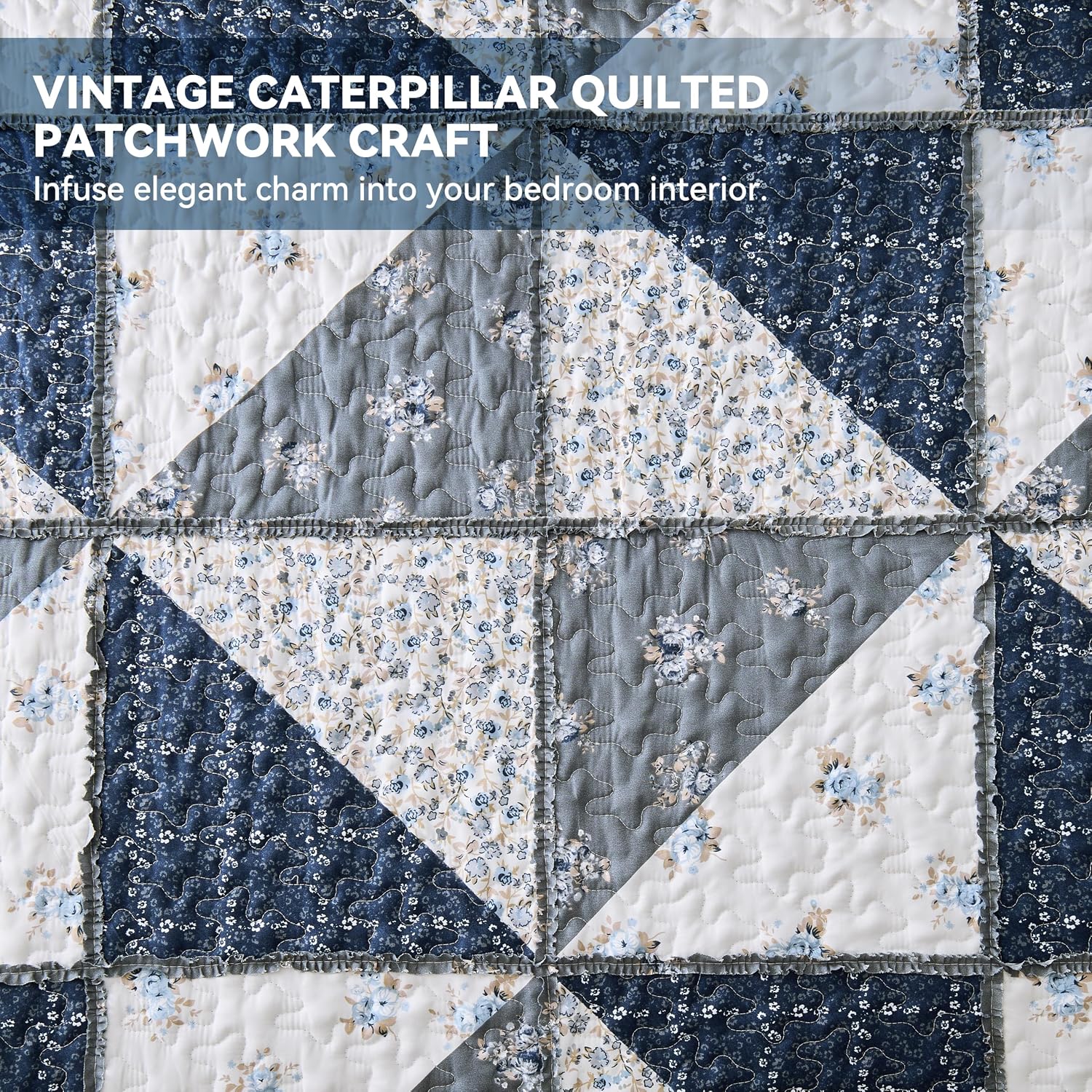VIVILINEN Blue Floral Patchwork Quilt Set, Full Queen Size, 3 Piece Bedding Set with 2 Pillowcases
