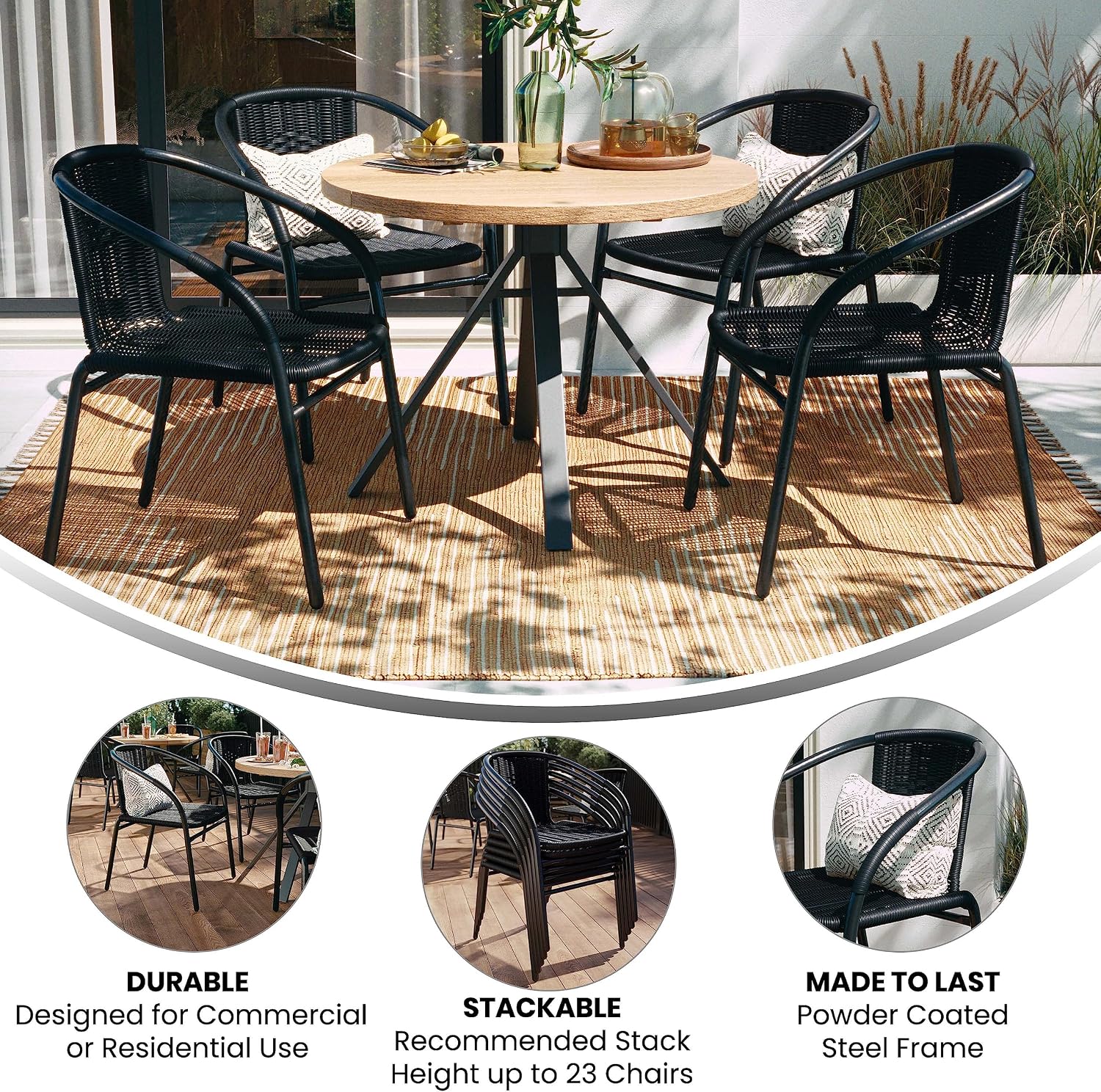 Flash Furniture Lila Modern Rattan Indoor/Outdoor Stackable Dining Chairs, Stacking Rattan Bistro Chairs for Patio or Restaurant, Set of 4, Brown | Commercial Grade, Indoor/Outdoor Use