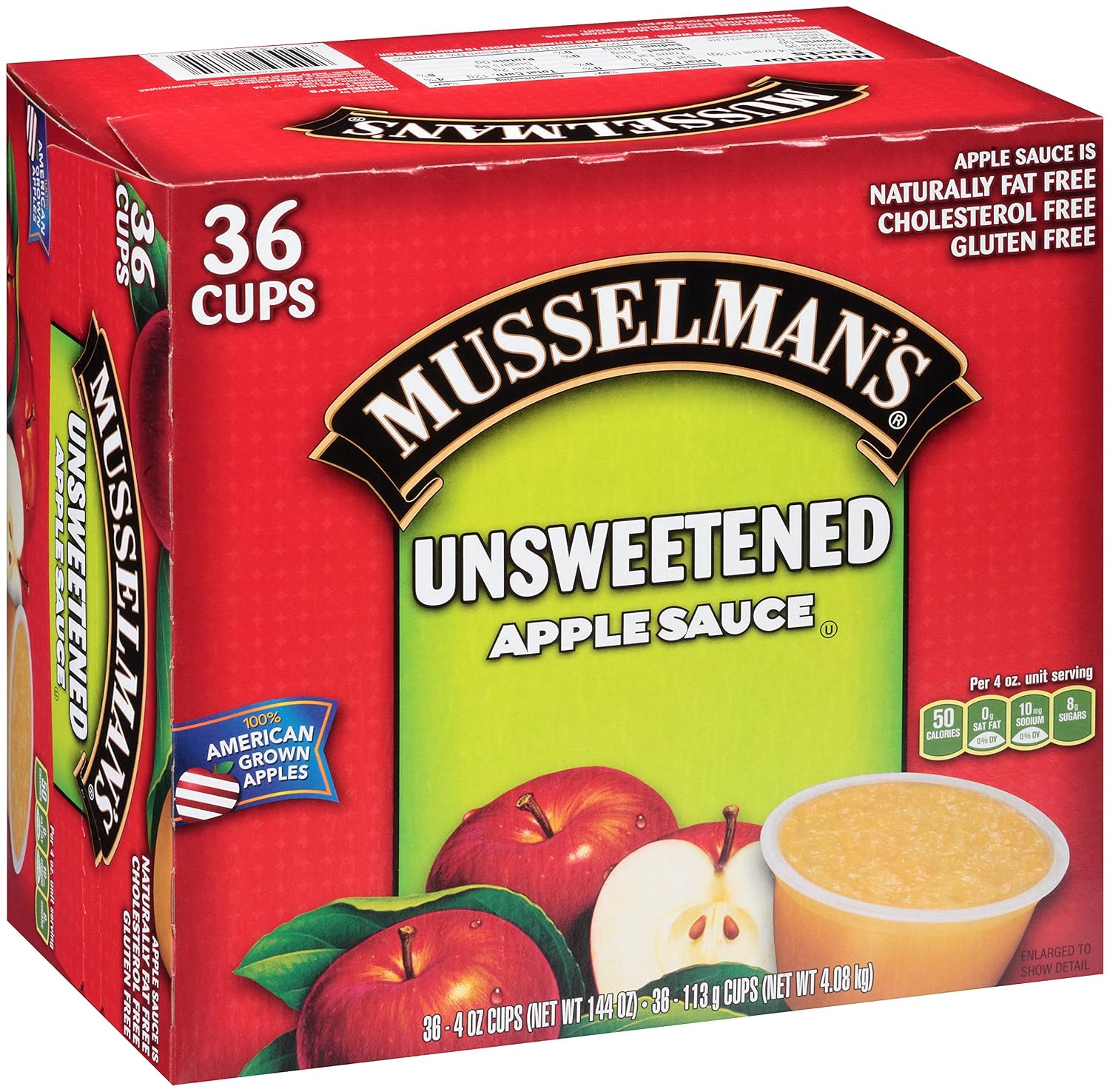 Musselman's Unsweetened Apple Sauce - low calorie, gluten free snack, low sodium, kosher, fat-free, no cholesterol, no high fructuse corn syrup, from 100% fresh American Grown Apples. (24oz x 12)