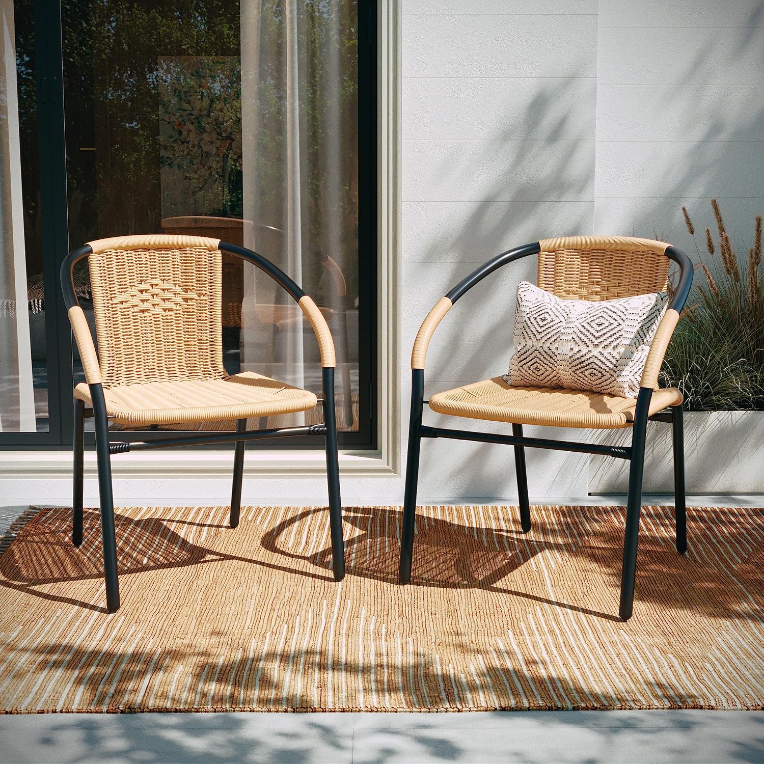Flash Furniture Lila Modern Rattan Indoor/Outdoor Stackable Dining Chairs, Stacking Rattan Bistro Chairs for Patio or Restaurant, Set of 4, Brown | Commercial Grade, Indoor/Outdoor Use
