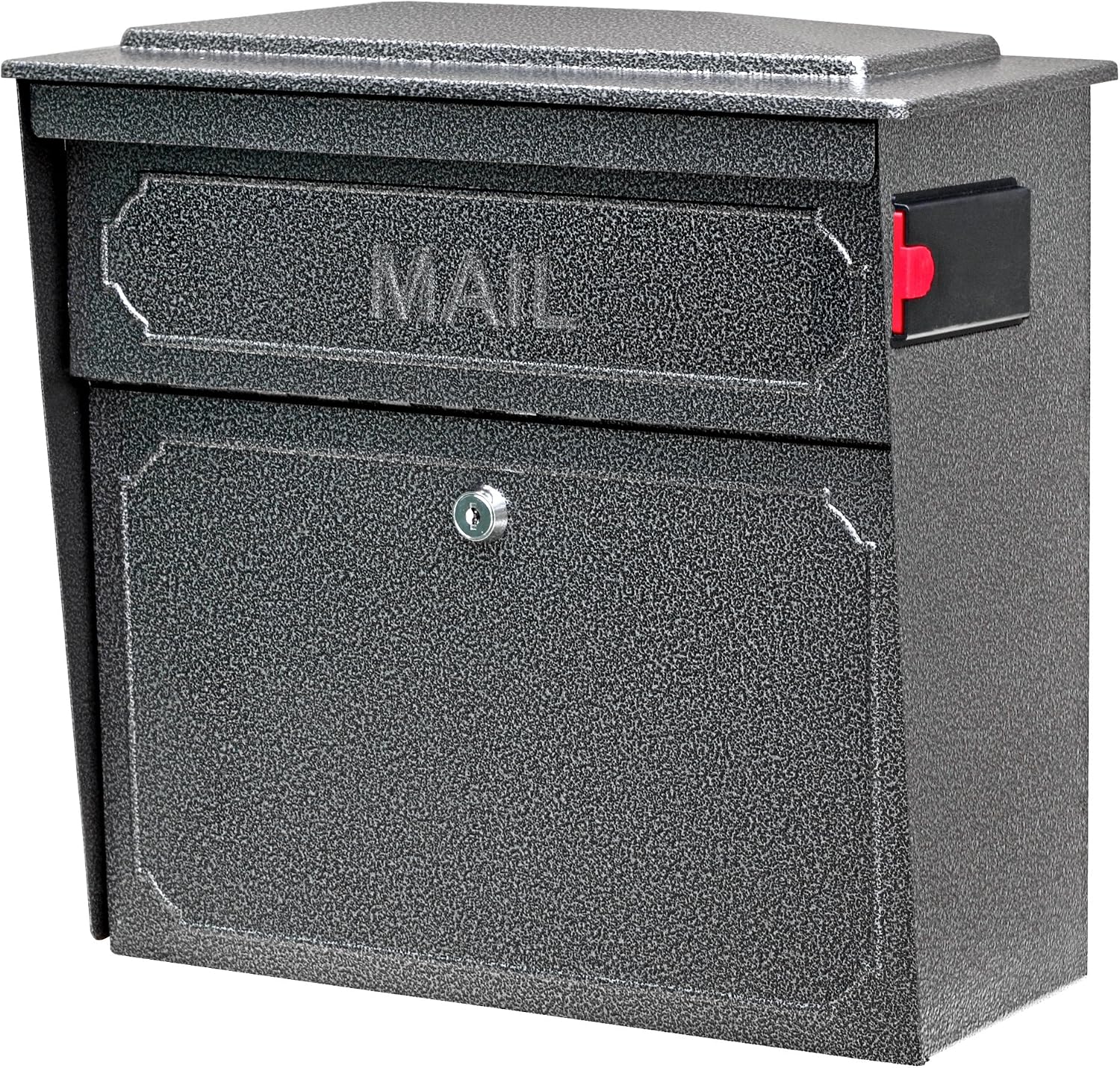 Mail Boss 7172 Townhouse Locking Security Wall Mount Mailbox, Black, Pack of 1 | Anti-pry locking door, classic stamped-panel design with decorative top cap, fixed slot fits envelopes and magazines.