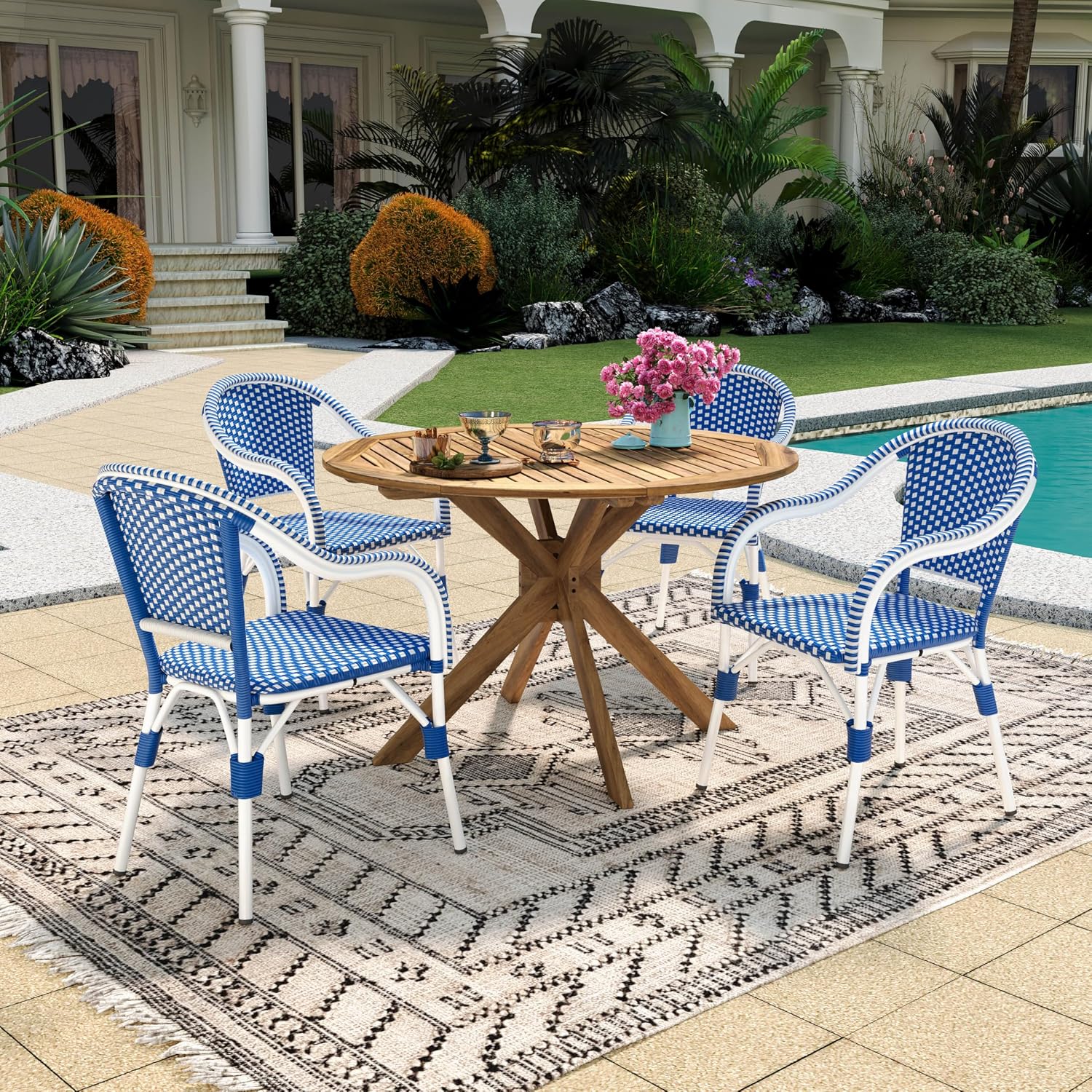 Christopher Knight Home Gwendolyn Outdoor French Bistro Chairs (Set of 4), Black + White + Bamboo Print Finish