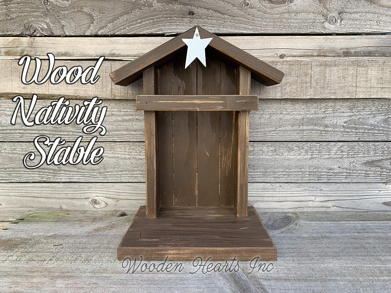 Stable Creche for Nativity Fireplace Mantle Wood (Fits Willow Tree Figures) *Christmas Decor Accessories Available- Personalized Sign Baby Manger