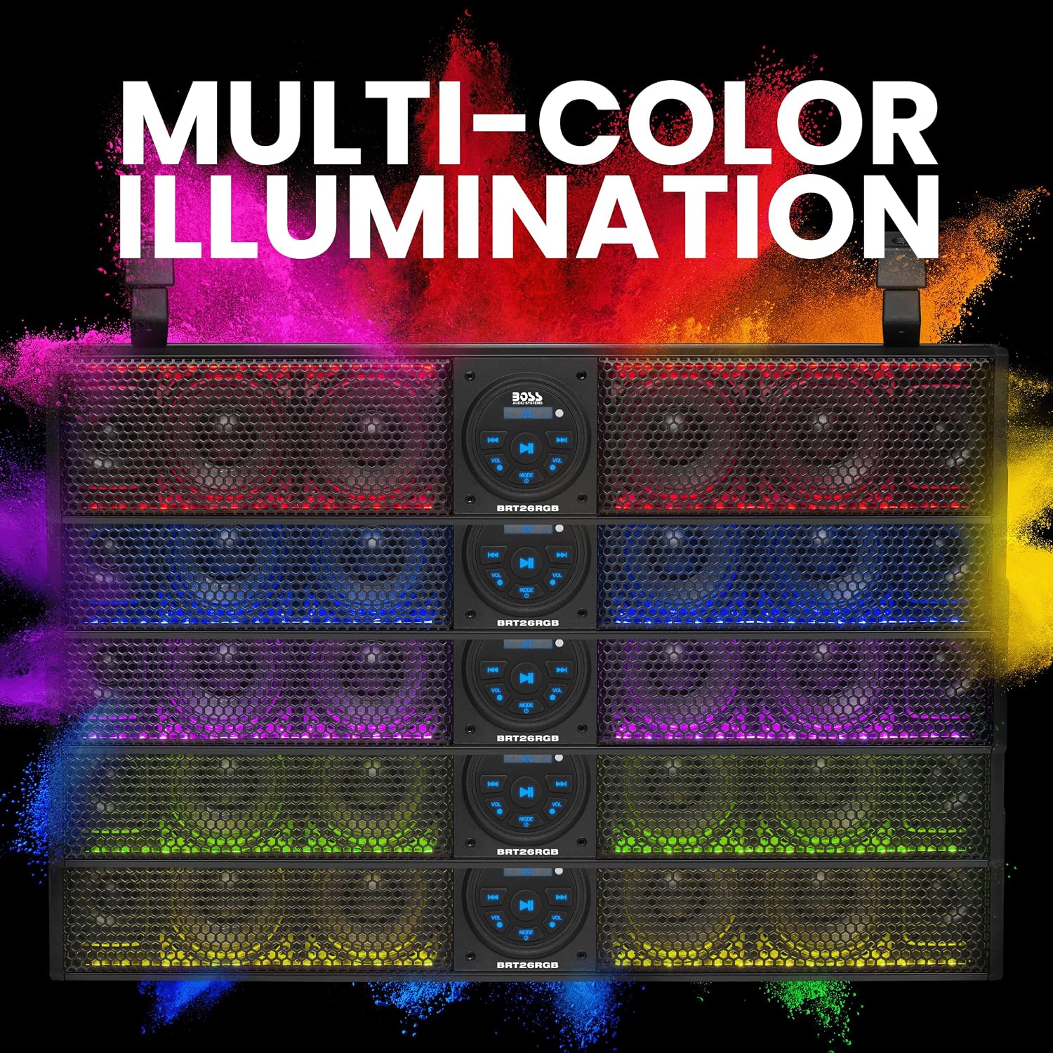 BOSS Audio Systems BRT26RGB IPX5 Weatherproof Bluetooth ATV Sound Bar - 26 Inches Wide, 4 inch Speakers, Tweeters, Amplified, Multicolor Illumination