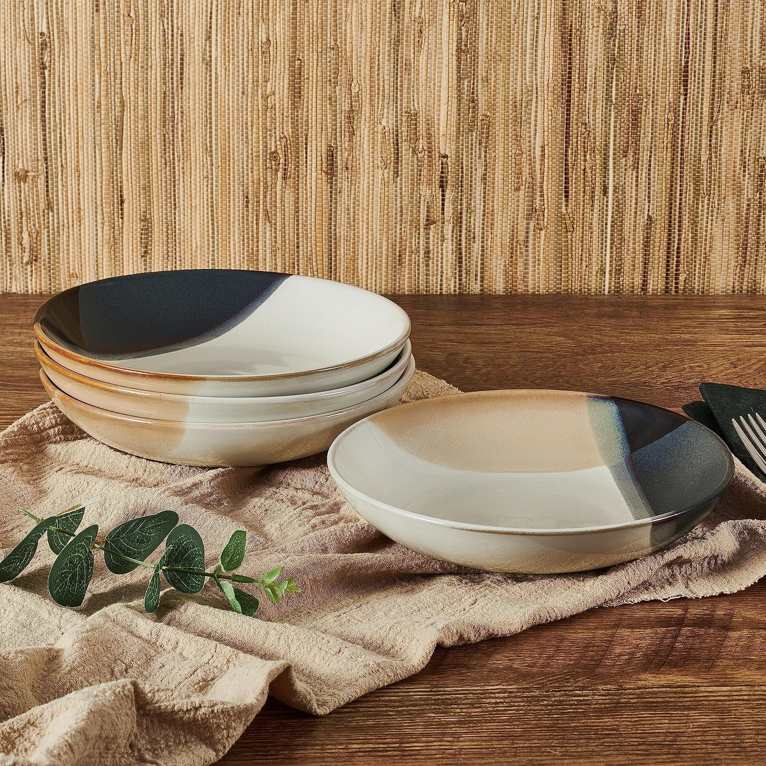 Mikasa Gourmet Basics Caden 16-Piece Stoneware Dinnerware Set, Service for 4, White Glossy Center with Black and Tan Two-Tone Reactive Glaze, Dishwasher and Microwave Safe
