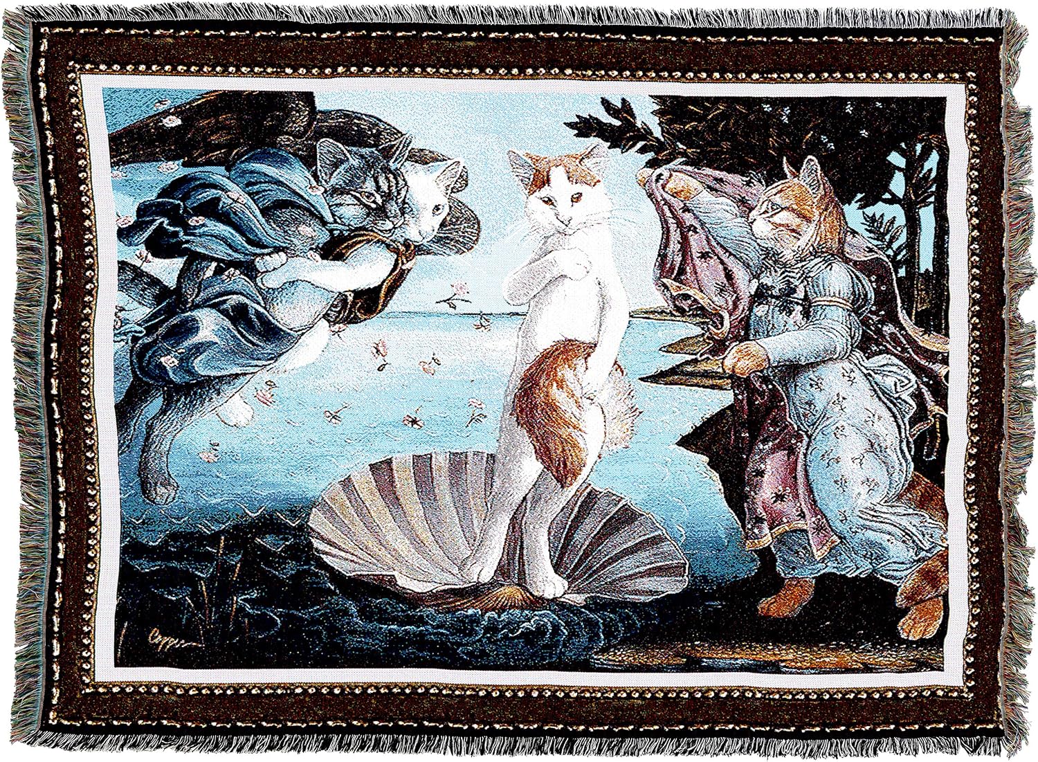 Pure Country Weavers Kitty on a Half Shell Blanket - Sandro Botticelli's The Birth of Venus Parody - Melinda Copper - Cute Funny Gift Tapestry Throw