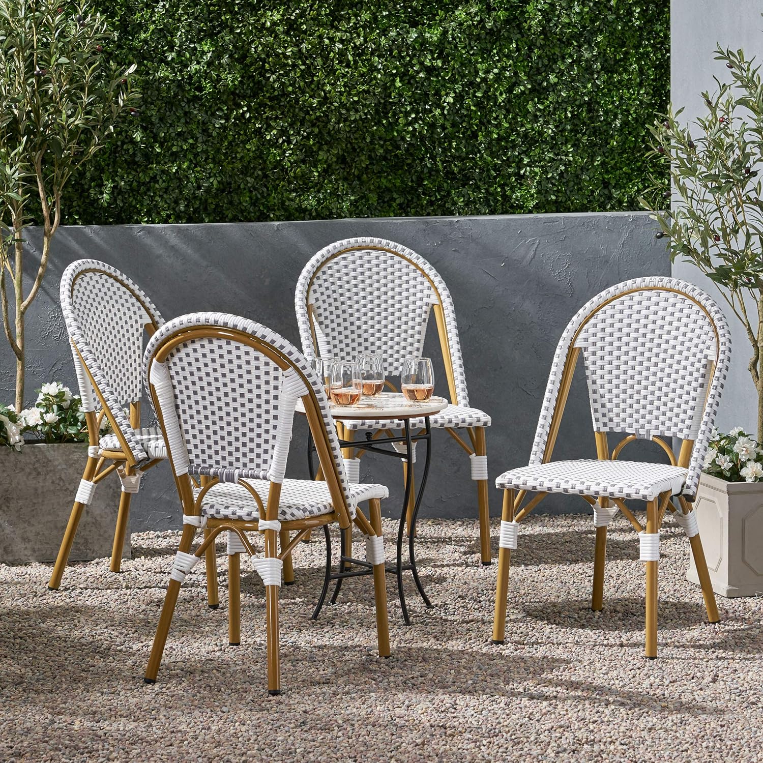 Christopher Knight Home Philomena Outdoor French Bistro Chair (Set of 4), Black + White + Bamboo Print Finish