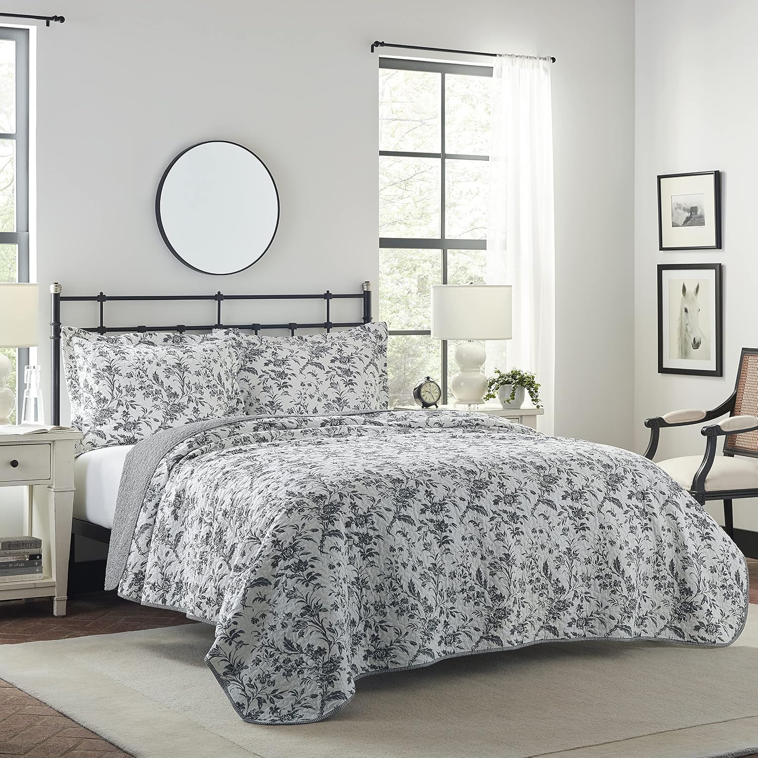 Laura Ashley – Queen Quilt Set, Soft & Lightweight Toile Bedding with Matching Shams, Reversible Floral Room Decor, College Dorm Room Essentials (Amberley Blue)