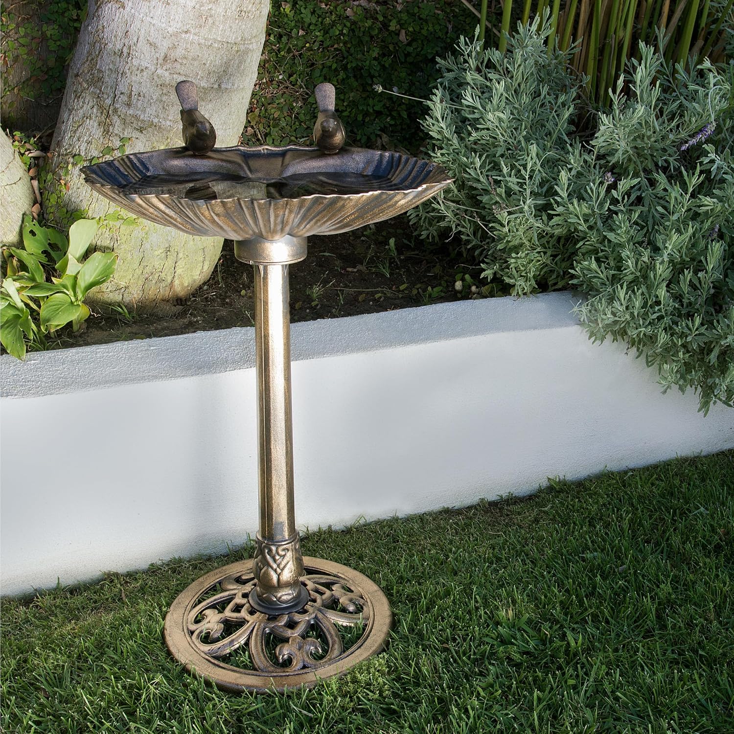 Alpine Corporation | 31" Tall Outdoor Birdbath with 2 Bird Figurines — Shallow and Wide Bird Feeder, Bronze Garden Accent