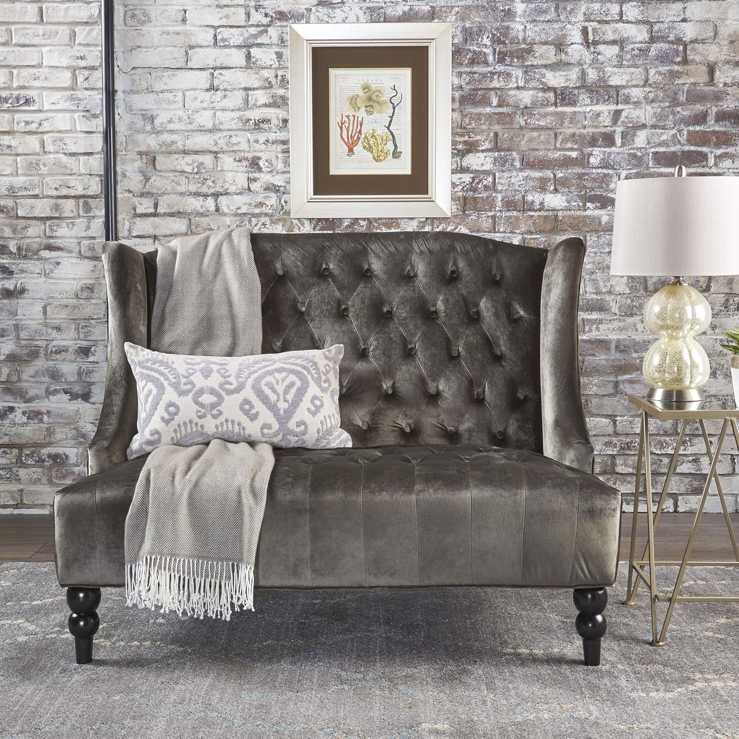 Christopher Knight Home GDFStudio Leona Modern Glam Tufted Velvet Wingback Loveseat, Gray and Dark Brown