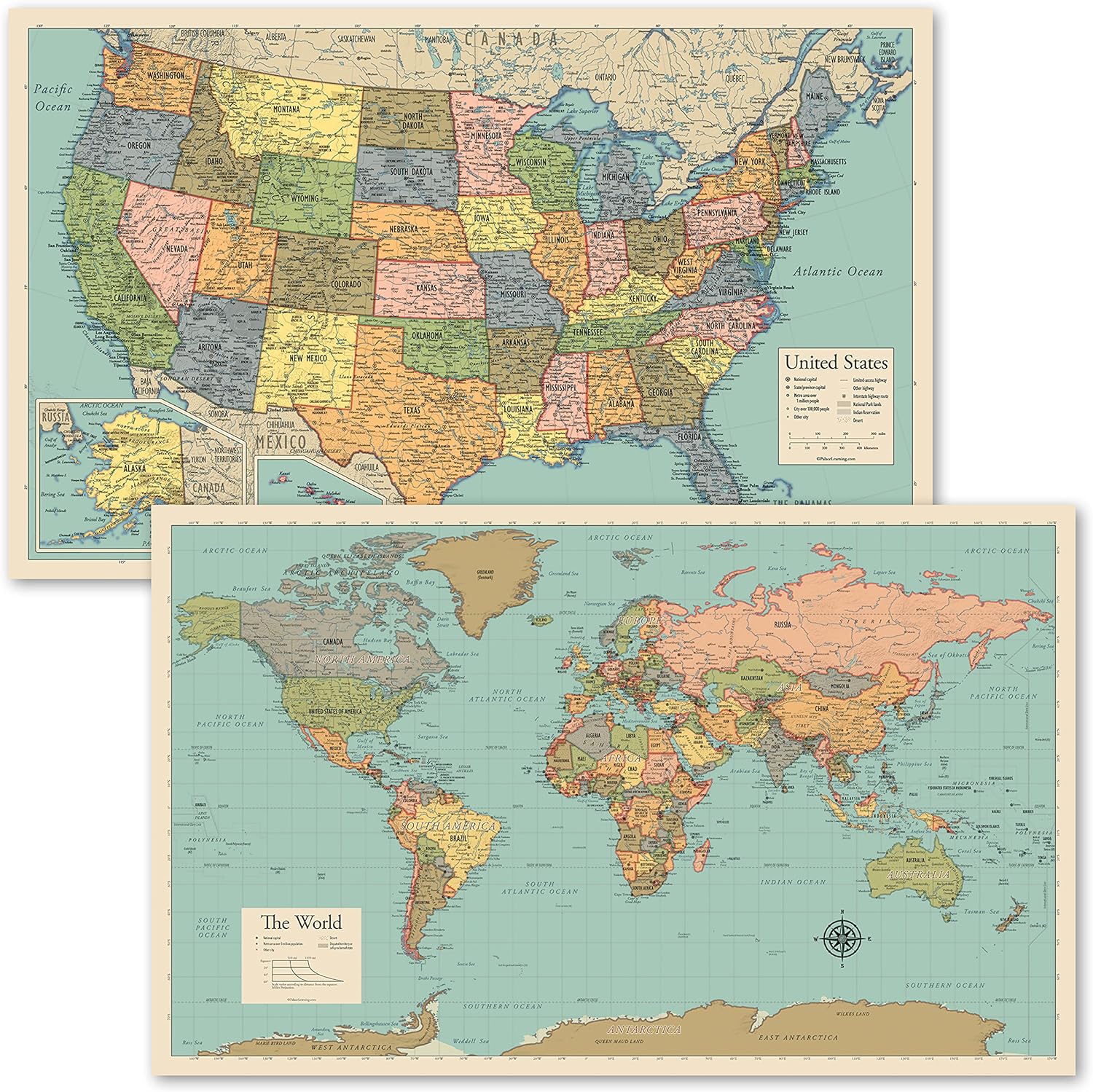 Laminated World Map & US Map Poster Set - 18" x 29" - Wall Chart Maps of the World & United States - Made in the USA - (LAMINATED, 18" x 29")