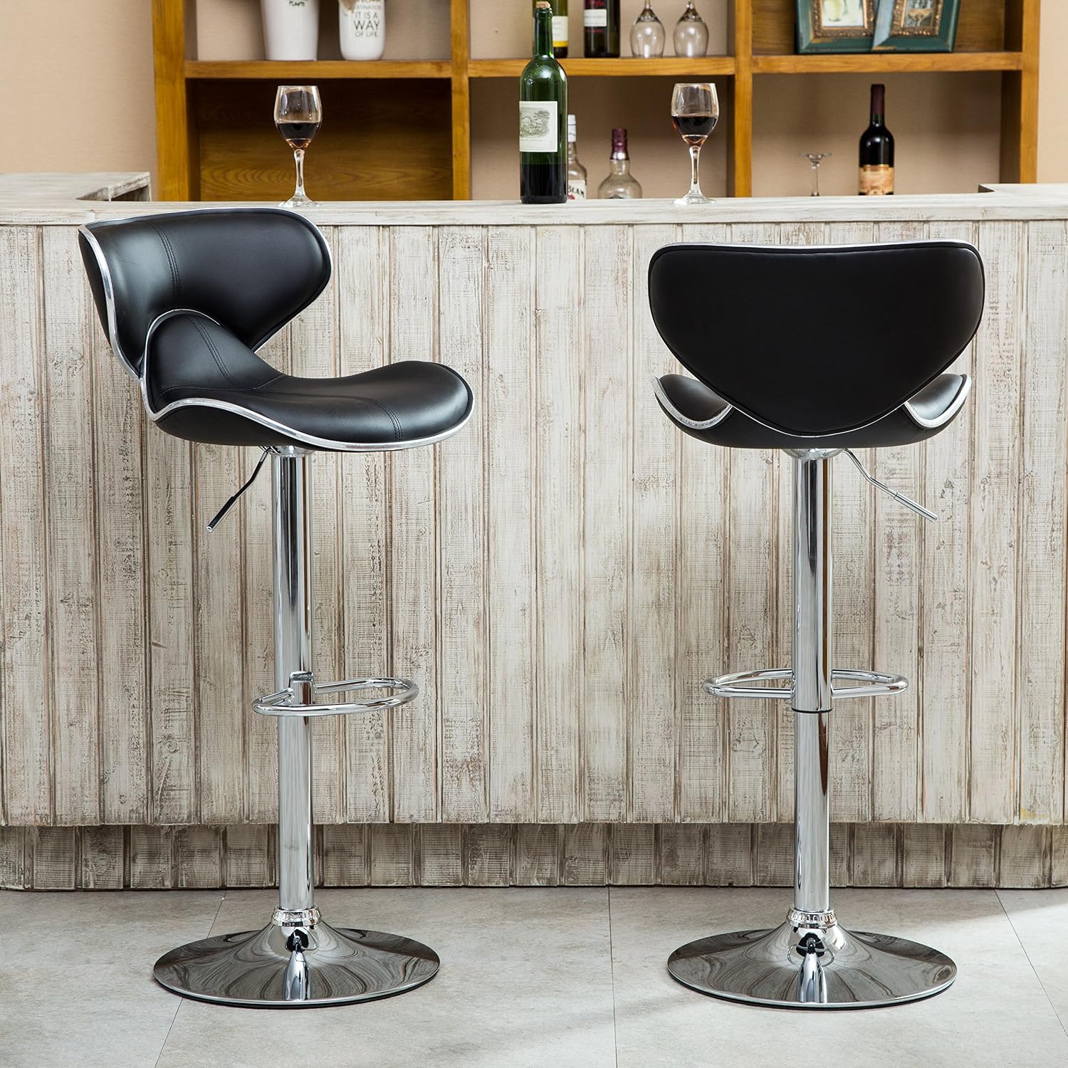Roundhill Furniture Masaccio Cushioned Leatherette Upholstery Airlift Adjustable Swivel Barstool with Chrome Base, Set of 2, Blue